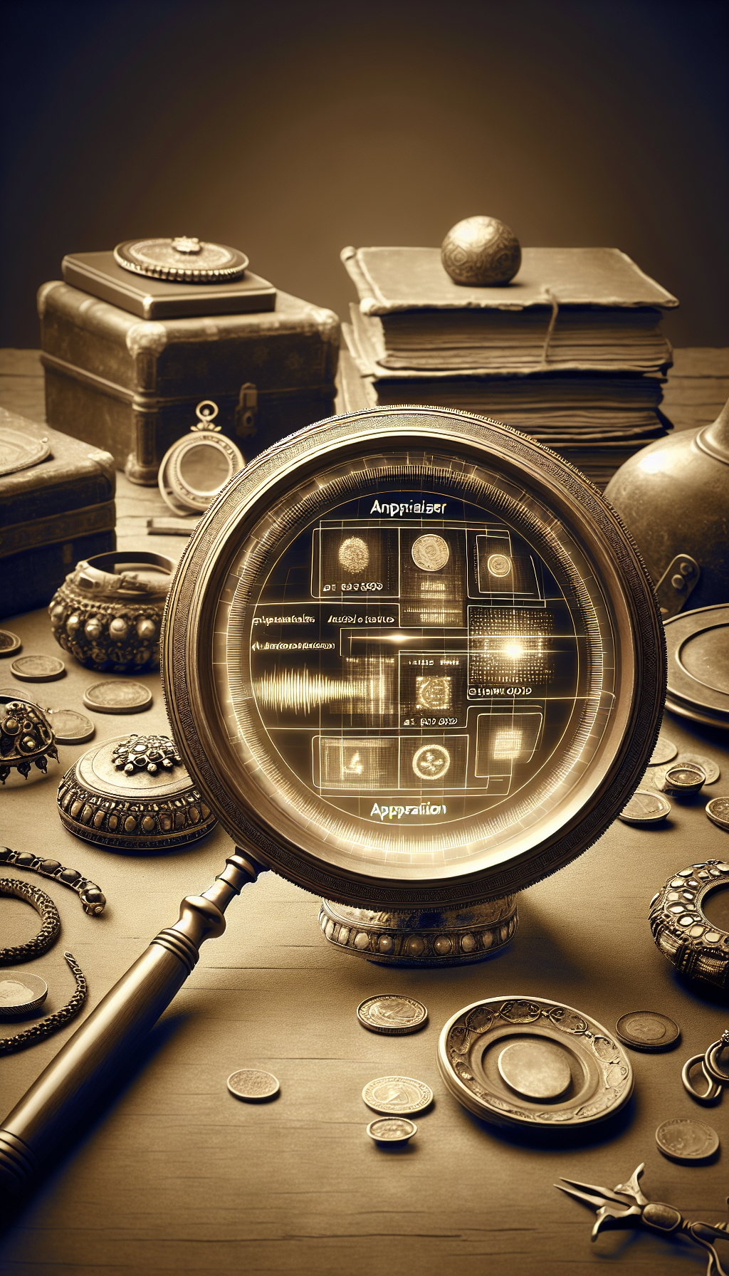 An elegant, sepia-toned illustration of an appraiser's magnifying glass hovering over a collection of antiques – vintage jewelry, ancient coins, and antique books. The magnifying glass reveals digital holographic readouts of the objects' historical era, value, and authenticity, symbolizing the fusion of past and present knowledge in professional antiques appraisals.