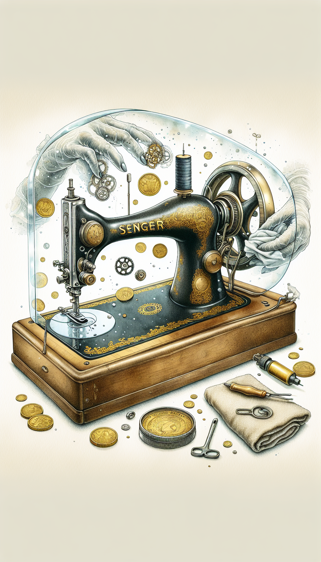 An illustration of a gleaming antique Singer sewing machine enshrined in a glass case, with ethereal hands gently dusting and oiling its gears. Surrounding it are floating golden coins and preservation tools like a soft cloth and oil can, symbolizing the machine's maintained and enhanced value. The image boasts a blend of watercolor textures and sharp, precise line art to capture both its historical elegance and worth.