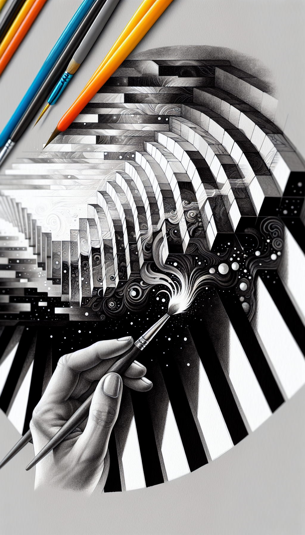 An illustration depicting an artist's hand holding a brush, painting a grayscale stairway that ascends from deep black to pristine white, each step demonstrating a higher value contrast. As the stairs rise, they transition into a vibrant, colorful spectrum, showing the enhancement in artwork depth, with half the image rendered in photorealistic style and the other in bold, abstract shapes.