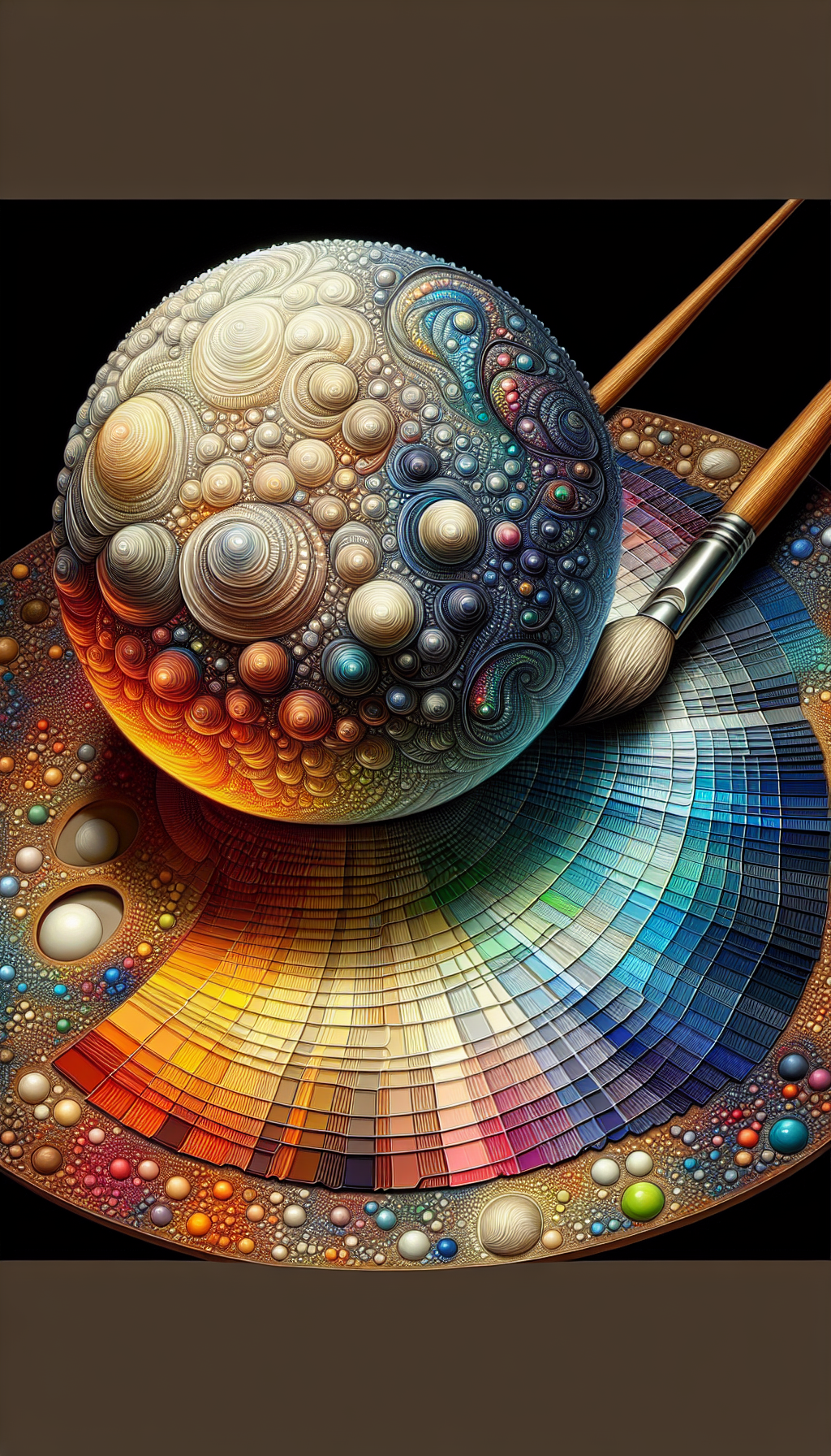 An illustration of a 3D sphere transitioning smoothly from light to dark, placed adjacent to an artist's palette where the shades blend flawlessly into each other. Each sector of the palette mirrors a point on the sphere, demonstrating the gradual increase of value and the creation of depth, symbolizing artistic mastery over the value element in shading. Different artistic styles like photorealism, impressionism, and comic book art blend into the edges of the image.