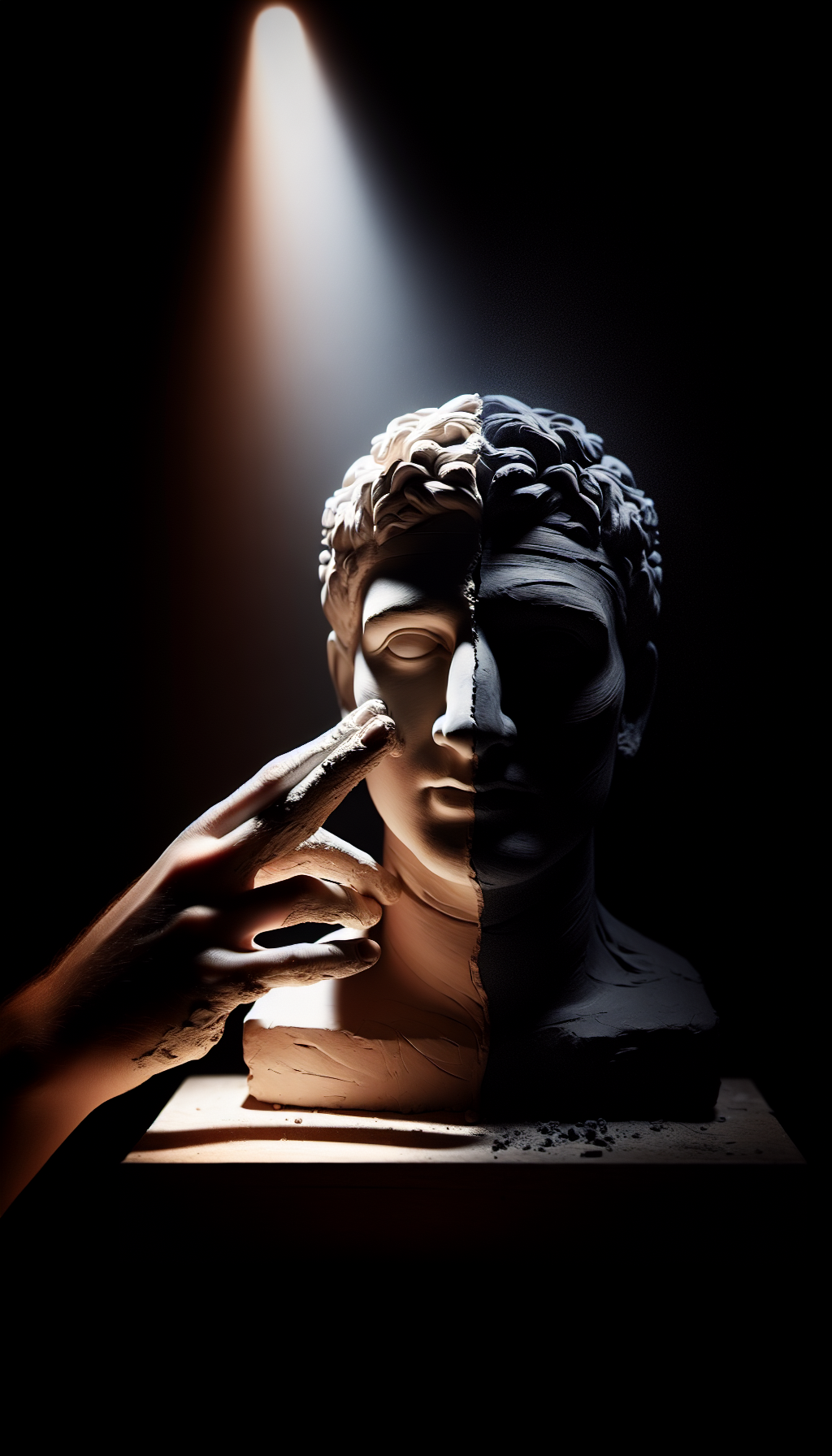 An ethereal illustration depicts an artist's hand, half-bathed in dramatic light, half-shrouded in shadow, as it sculpts a clay bust. The sculpture transitions from a detailed, high-contrast form in the light to a smooth, undefined silhouette in the darkness, exemplifying the art element of value. This gradation of light to dark symbolizes the nuanced interplay of value in creating depth and dimension.