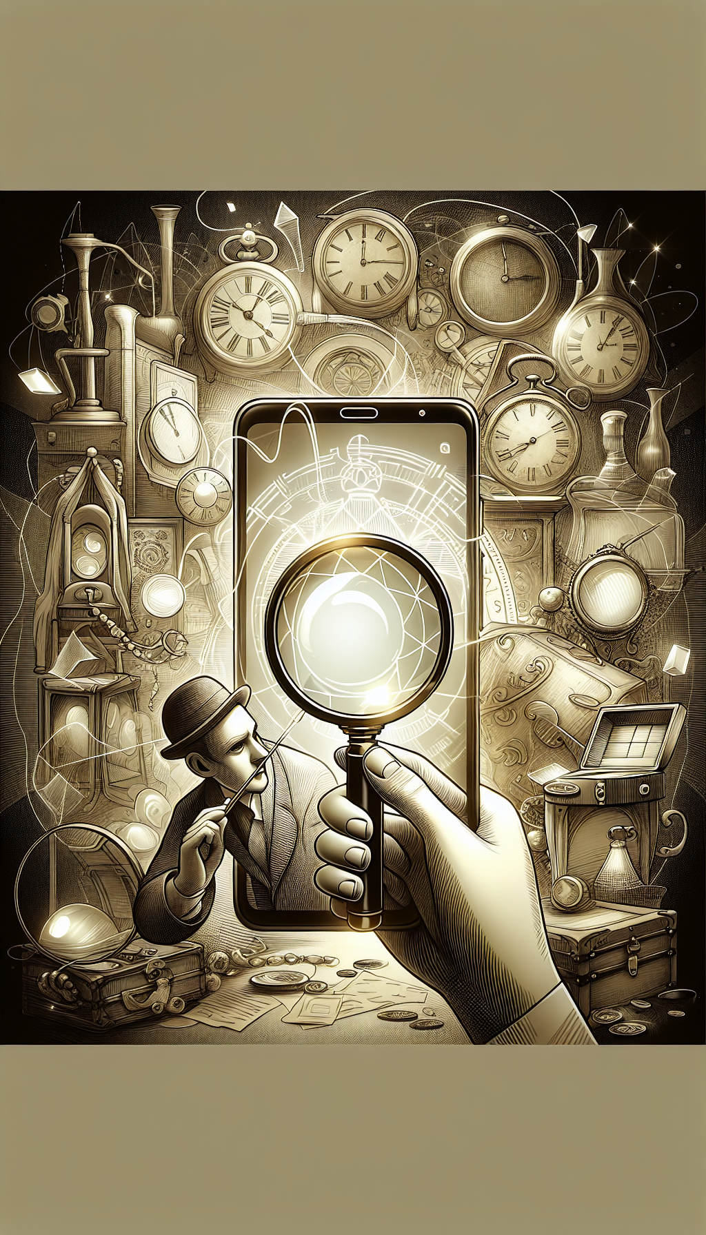 A curious character holds a magnifying glass over a classic smartphone screen, which magnifies an app icon featuring a shimmering treasure chest. Surrounding the phone, ghostly digital silhouettes of antique objects—clocks, vases, jewelry—glow softly, hinting at their hidden value. The illustration blends vintage line art with sleek modern graphics, symbolizing the fusion of past treasures with contemporary technology.