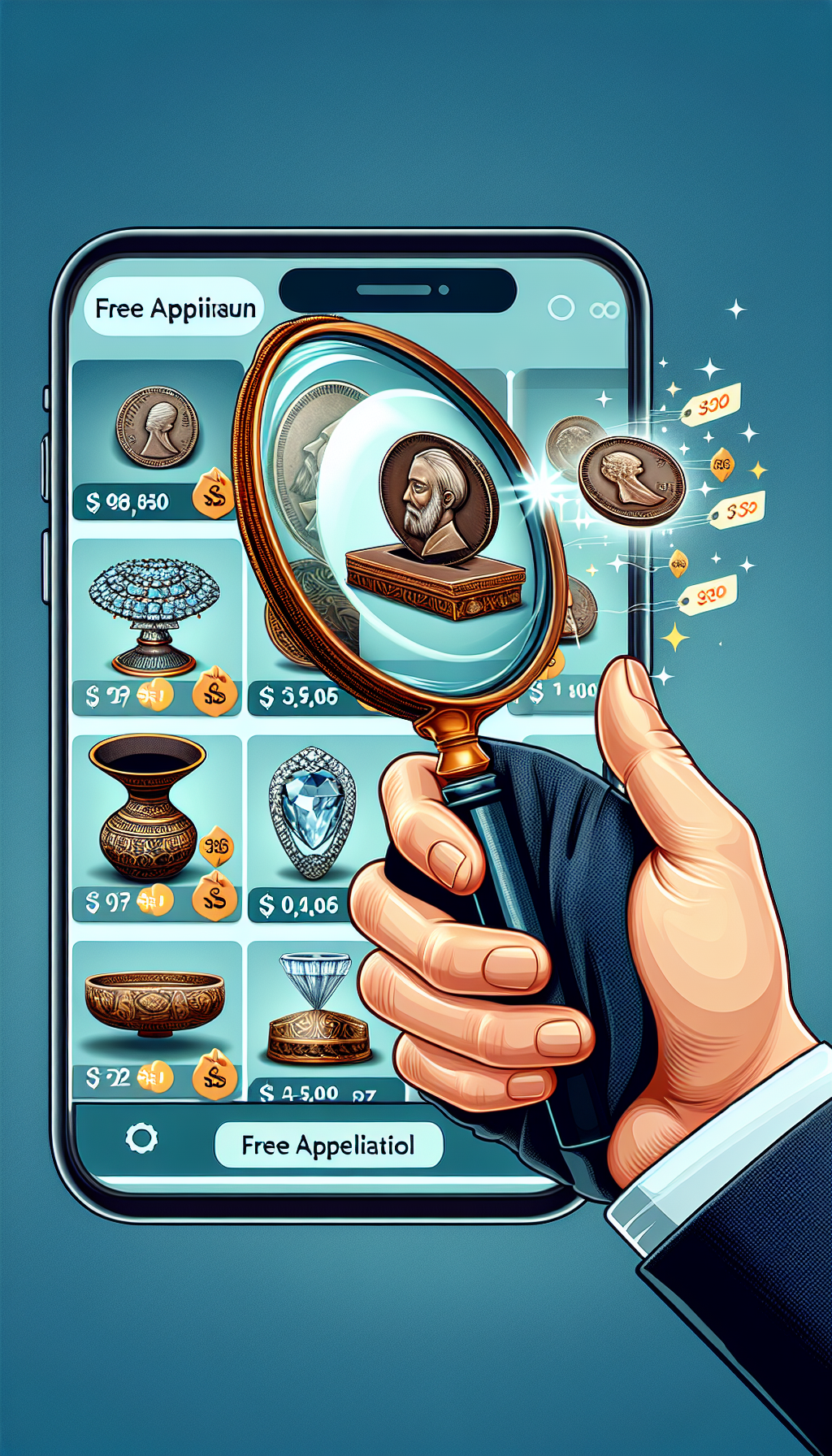 An animated hand holds a vintage magnifying glass, through which a smartphone screen is visible, displaying a "Free Appraisal" app interface with a queue of antiques. Coins, vases, and jewelry sparkle with price tags floating above. The blend of old-world items and modern technology conveys instant antique evaluation, encapsulating the seamless bridge between past treasures and present-day tech convenience.