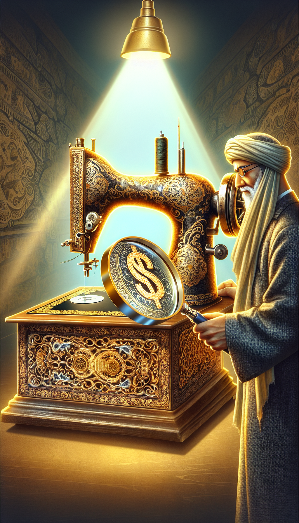 An illustrated tableau displays an antiquarian appraiser peering through a magnifying glass at a gleaming, ornate antique Singer sewing machine, with dollar signs subtly embedded in its intricate filigree. The machine rests atop a pedestal, under a spotlight, as if in a museum, while a palette of gold and silver hues subtly suggests its high worth and timeless craftsmanship.