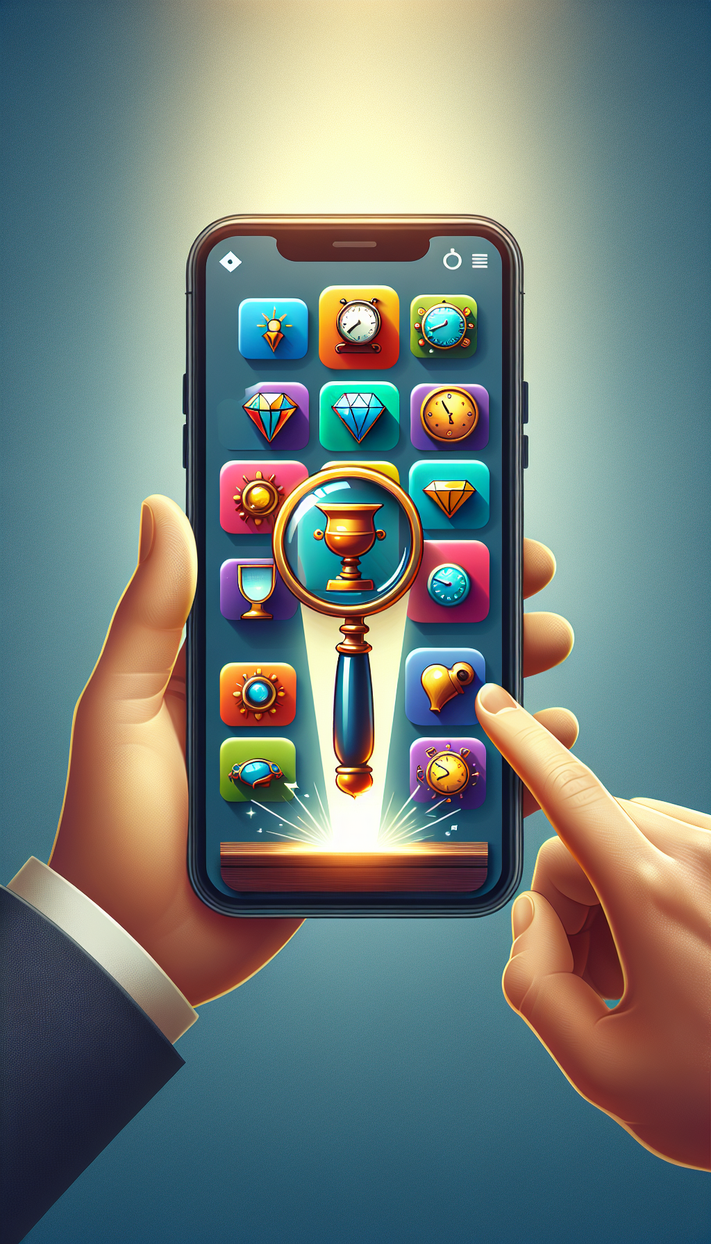 An illustration of a smartphone screen displaying a whimsical, vintage magnifying glass that whimsically morphs into a series of colorful app icons, each featuring a different aspect of antique appraisal (like a jewel, vase, clock, and furniture). The phone casts light on an antique item, symbolizing the process of appraisal, with the light beams indicating step-by-step instructions or progression.
