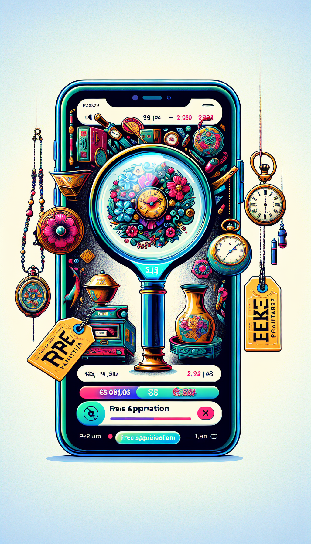 An illustration depicting a sleek, modern smartphone, its screen displaying a vibrant collage of antique items—a pocket watch, a porcelain vase, a vintage necklace—being scanned by a glowing, virtual magnifying glass. The app interface indicates real-time value estimations, while classic price tags dangle from each object, subtly bearing a "Free Appraisal" stamp in assorted, whimsical fonts.