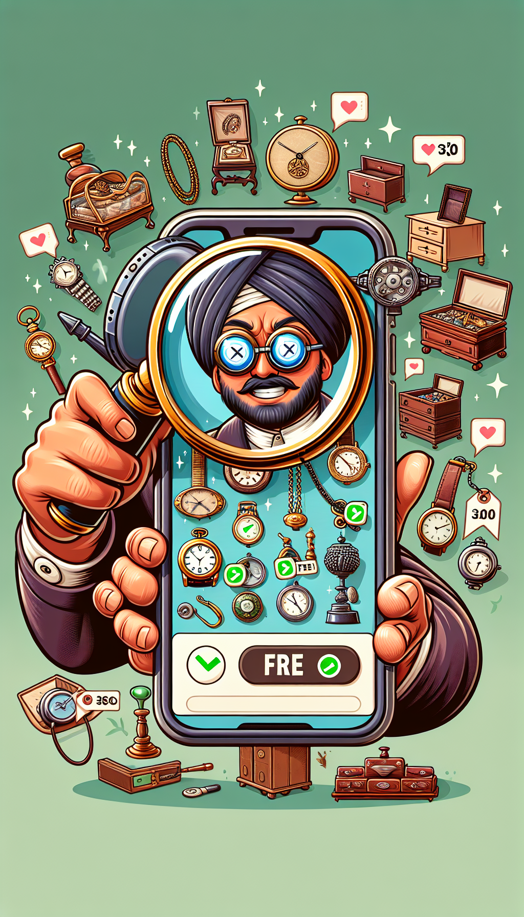 An illustration showcasing an excited character holding a smartphone, with a classic magnifying glass projecting from the screen like a virtual lens over various antiques like clocks, jewelry, and furniture. Tiny digital price tags float above the items with green checkmarks, signaling successful appraisals, while app icons and a "Free" ribbon banner intertwine with the scene.