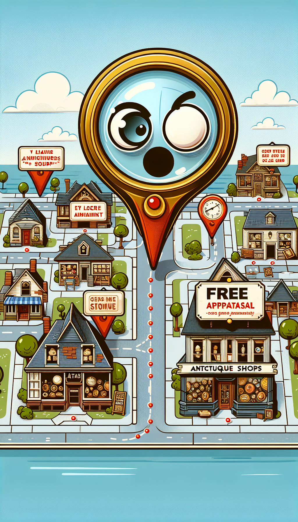 An animated treasure map unfurls to reveal a quaint, bustling town. Local antique shops, marked by magnifying glass icons, entice with "Free Appraisal" signs. A dotted line guides viewers to a user’s location pin with expressive, cartoonish eyes, symbolizing the search for nearby services. Each shop exudes a vintage aura, with prized antiques displayed in their windows, inviting a journey of local discovery.