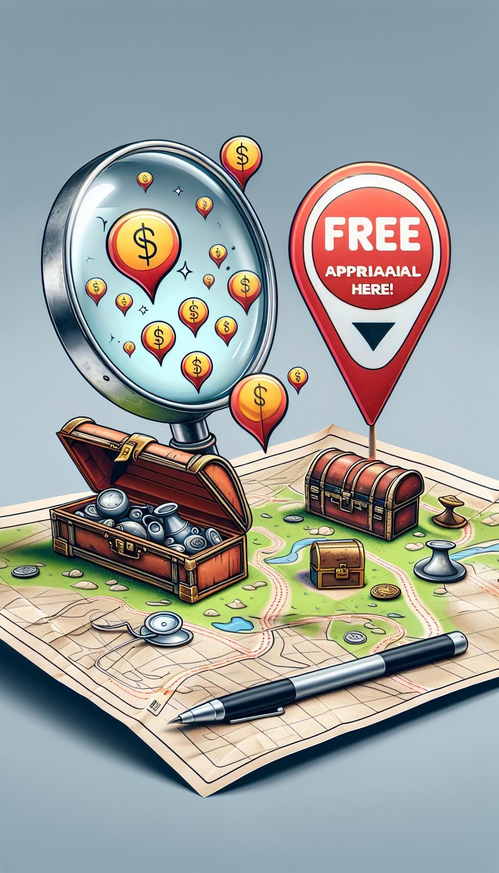 A whimsical illustration displays a giant magnifying glass hovering over an antique-filled treasure chest, with cartoon-styled valuation tags popping up like speech bubbles, all marked "$0". In the foreground, a map pin labeled 'Free Appraisal Here!' stands on a folded road map indicating the heirloom's journey to evaluation. A diverse mix of artistic styles, from the map's minimalism to the chest's fine detail, unifies the image's theme.