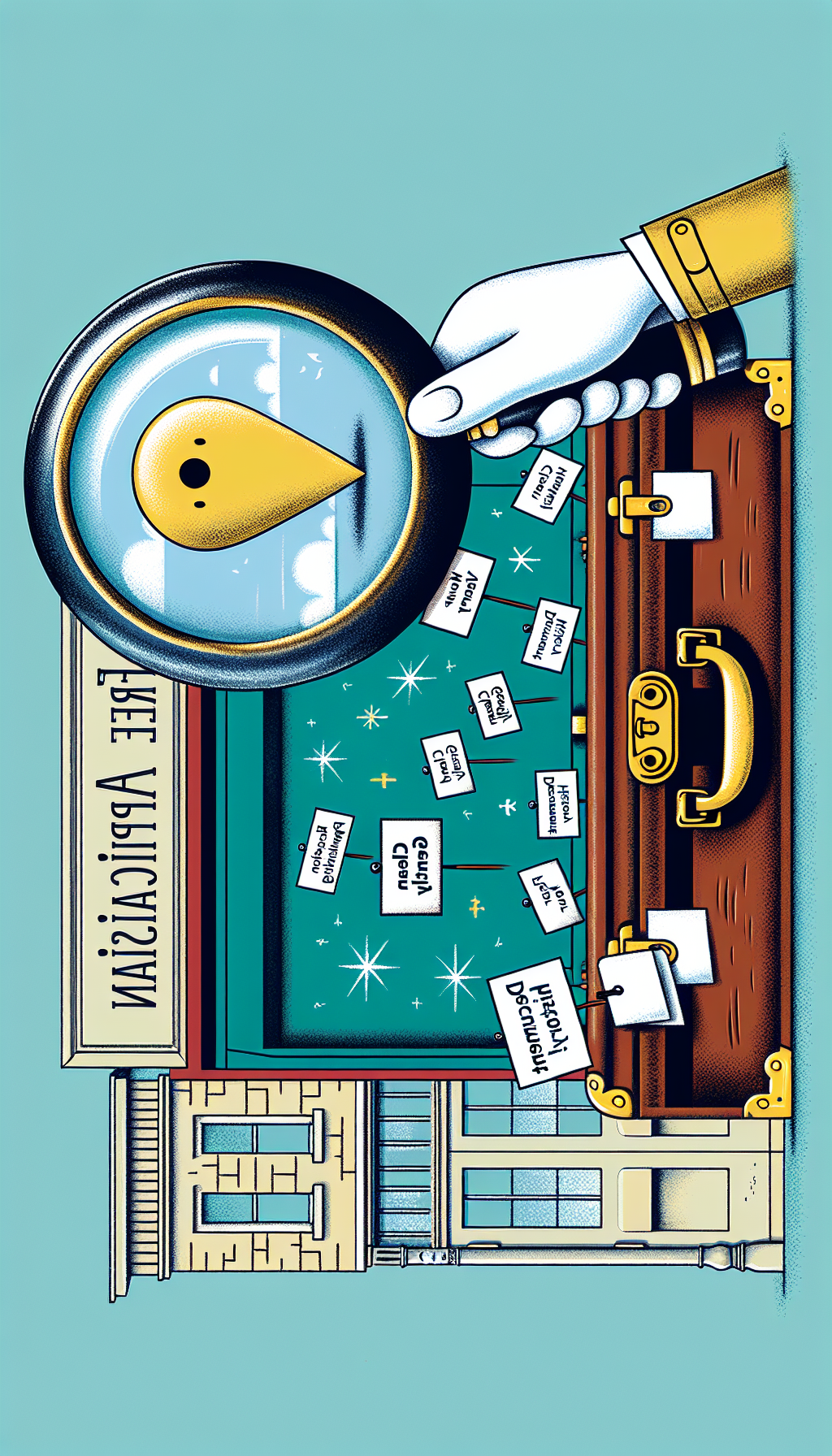 A whimsical illustration features a magnifying glass held by an illustrated map pin hovering over a vintage trunk overflowing with antiques, each tagged with tips like "Clean Gently" and "Document History." Nearby, a speech bubble with the word "Free Appraisal Here!" pops from a classic storefront, suggesting a local service, inviting viewers to a nearby treasure trove of valuation.