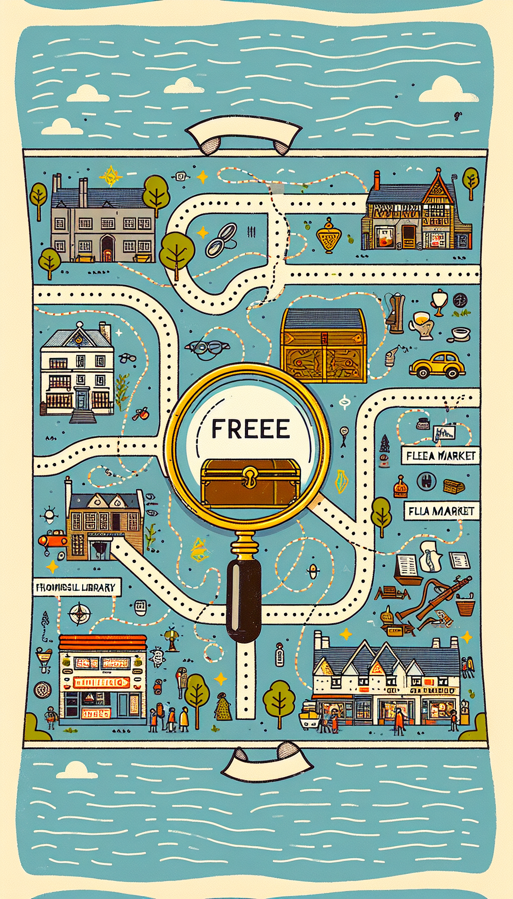 A whimsical treasure map unfolds across the illustration, dotted with various iconic local landmarks where complimentary antique appraisals are offered—a library, a cozy café, a bustling flea market, and a serene park. An antique magnifying glass highlights these venues, and a dotted line leads to a gleaming, oversized "FREE" sign that beckons like a treasure chest.