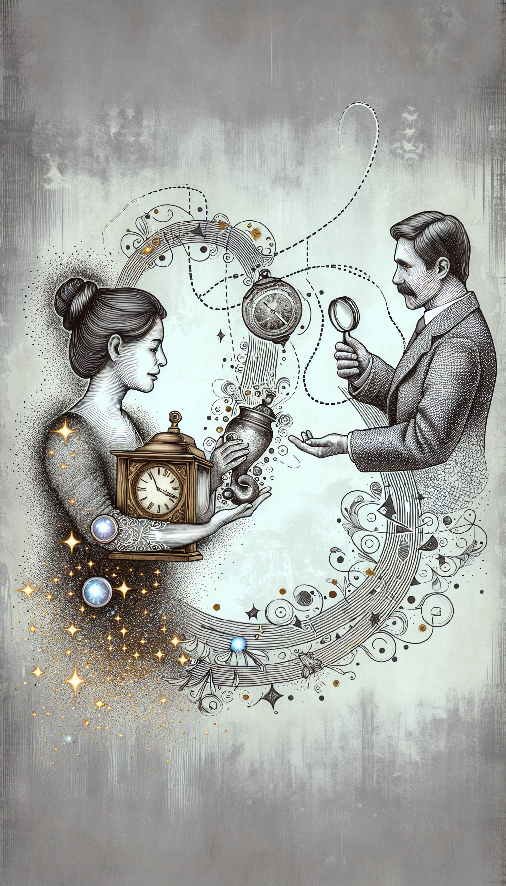 An elegantly hand-drawn image of a person holding a dusty vintage treasure (like a clock or a vase), with whimsical, sparkling lines leading to an appraiser with a magnifying glass, who’s giving a thumbs-up. A dashed, GPS-style line connects them, morphing into a "FREE" sign at the bottom. The juxtaposition of sketchy grayscale for the dusty object and vibrant colors for the appraisal service exemplifies transformation.