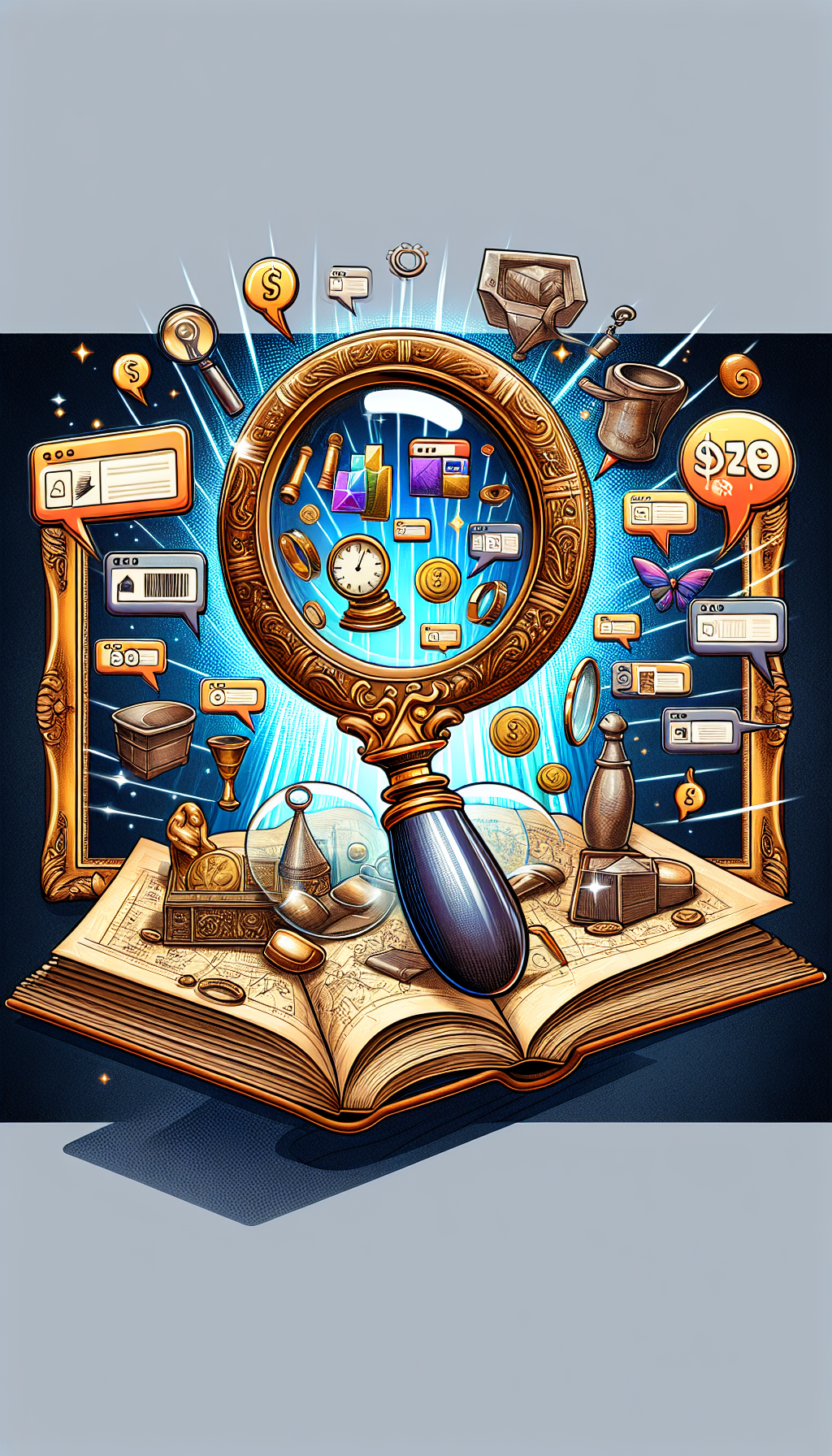 An illustration showcases an antique magnifying glass hovering above a classic treasure map that unfurls into a digital screen with icons of top websites. Glimmering artifacts from various eras border the screen, with speech bubbles containing price tags popping up, symbolizing free online appraisals. The blending of vintage cartography with digital elements represents the fusion of past and present in no-cost antique evaluations.