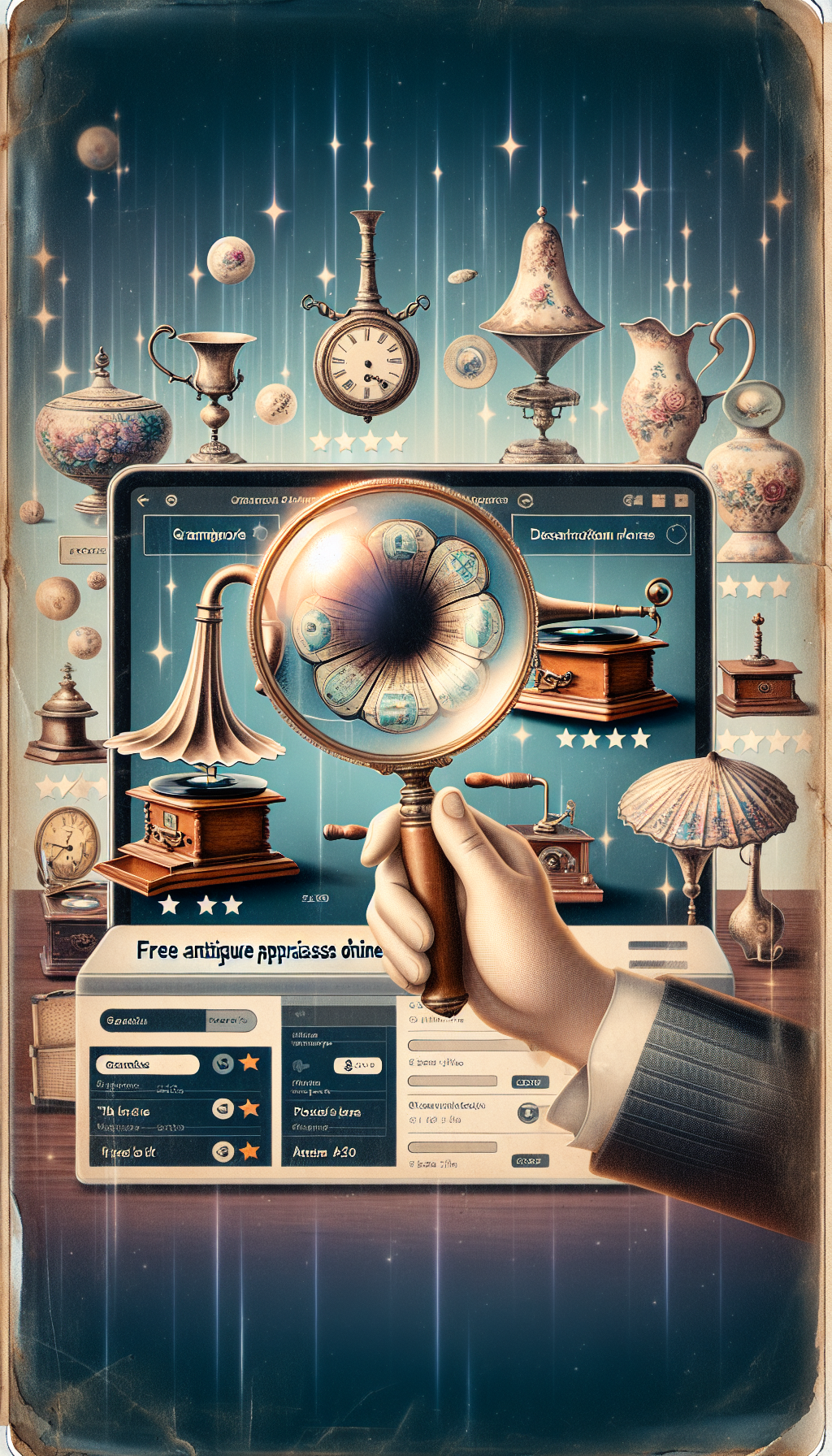 A whimsical digital collage showcases a vintage magnifying glass hovering over an array of antiques—a gramophone, a porcelain vase, a pocket watch—each tagged with descriptive keywords and a five-star rating. Behind, a faint computer screen glows with the phrase 'Free Antique Appraisals Online', blending traditional appraisal tools with the digital realm's accessibility.