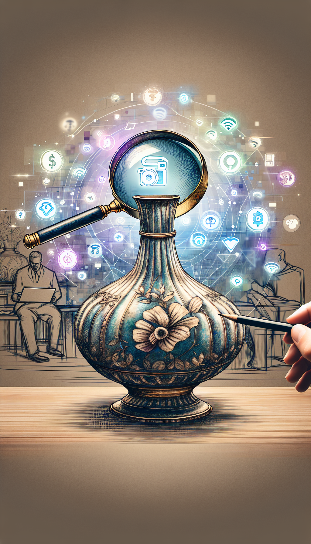 An illustration depicts a pristine vintage magnifying glass hovering over an ornate antique vase, with digital icons like a camera, Wi-Fi signal, and currency symbols swirling around. A faint silhouette of a person consulting their computer in the background subtly suggests a live virtual appraisal taking place, underscoring the theme of free online antique evaluations.