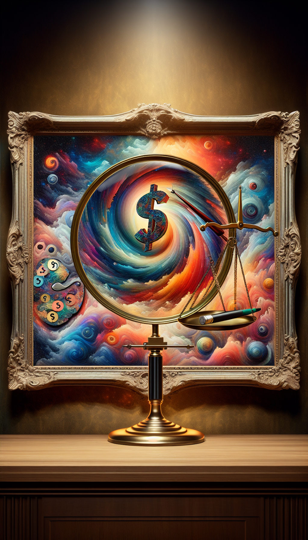 An antique frame encasing a magnifying glass, through which a dollar sign and question mark blend within a vibrant, swirling galaxy of brush strokes, symbolizing the universe of art valuation. Below, a golden scale balances a palette and a "no-cost" tag, hinting at the equilibrium between art's intrinsic value and its complimentary assessment. The styles range from realism in the frame to abstract within the magnifying focus.