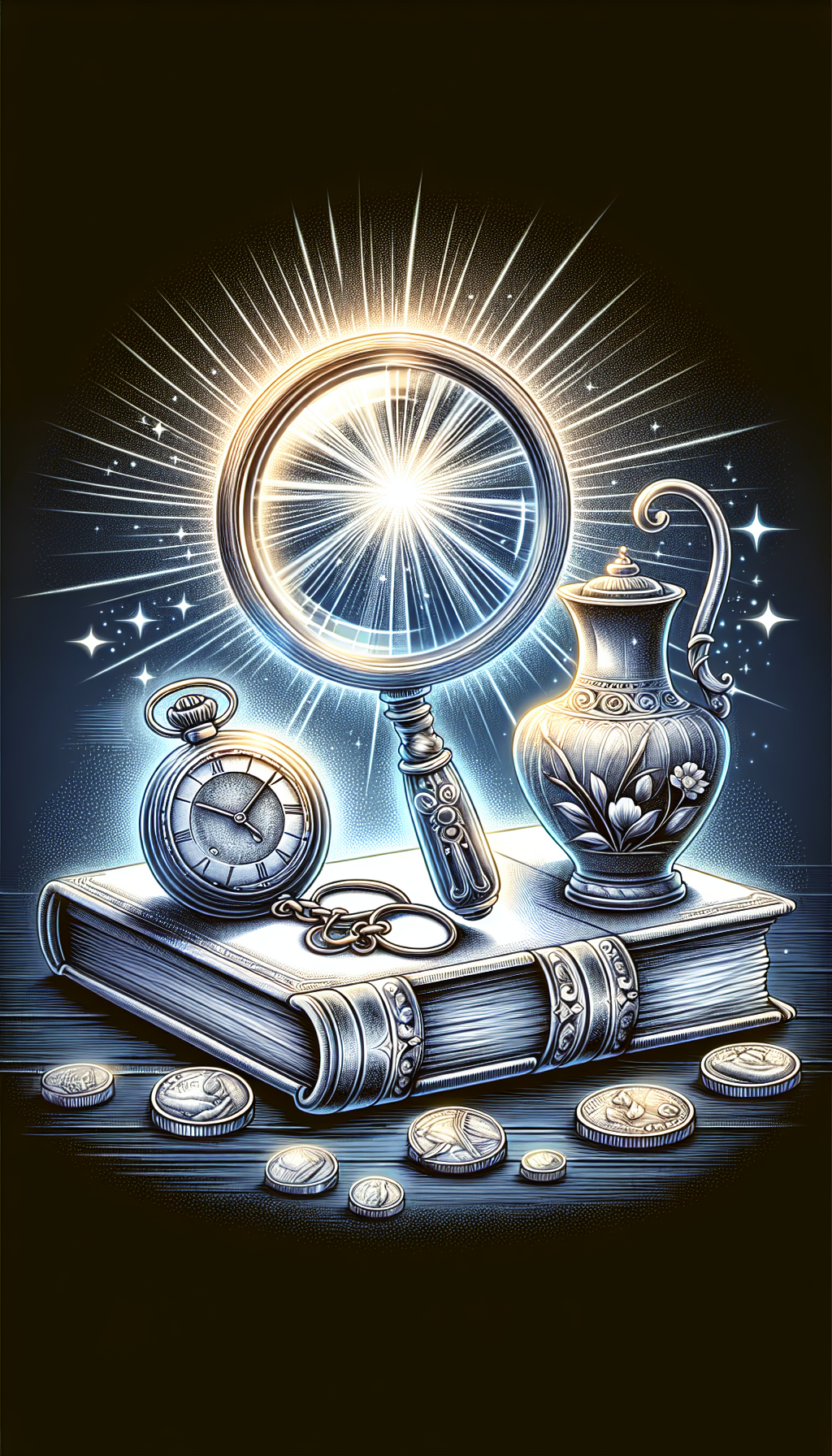An elegant, whimsical line drawing shows a shimmering magnifying glass hovering above a pocket watch, intricate vase, and weathered book, all resting on a pedestal. The objects are surrounded by a ghostly aura of shimmering coins and appraiser's tools, symbolizing the hidden value of antiques, with the magnifying glass bringing their past grandeur into sharp focus.