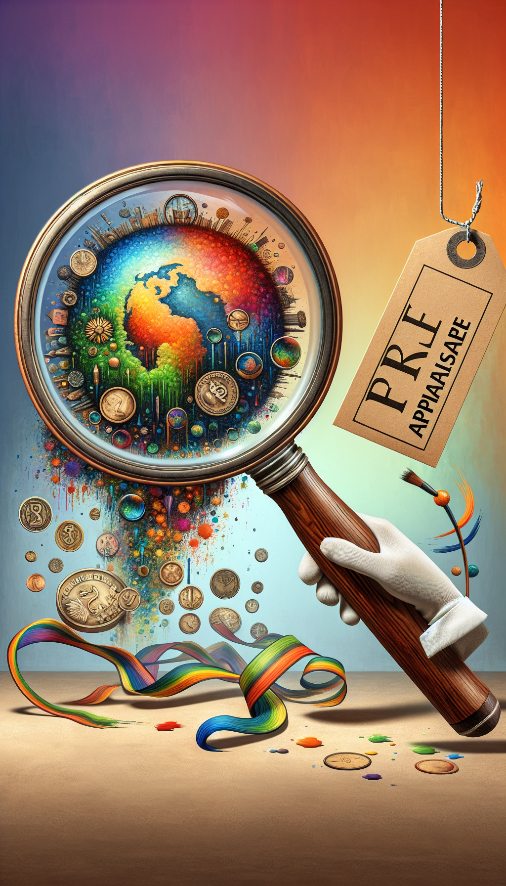 An illustration of a magnifying glass hovering over a vibrant canvas, revealing various underlying aspects such as texture, color depth, and composition, with shining coins and price tags within the details, symbolizing value assessment. Beside the canvas, a price tag dangles with "Free Appraisal" written in bold, while diverse brush strokes and a free-flowing ribbon frame the entire image, encompassing eclecticism.