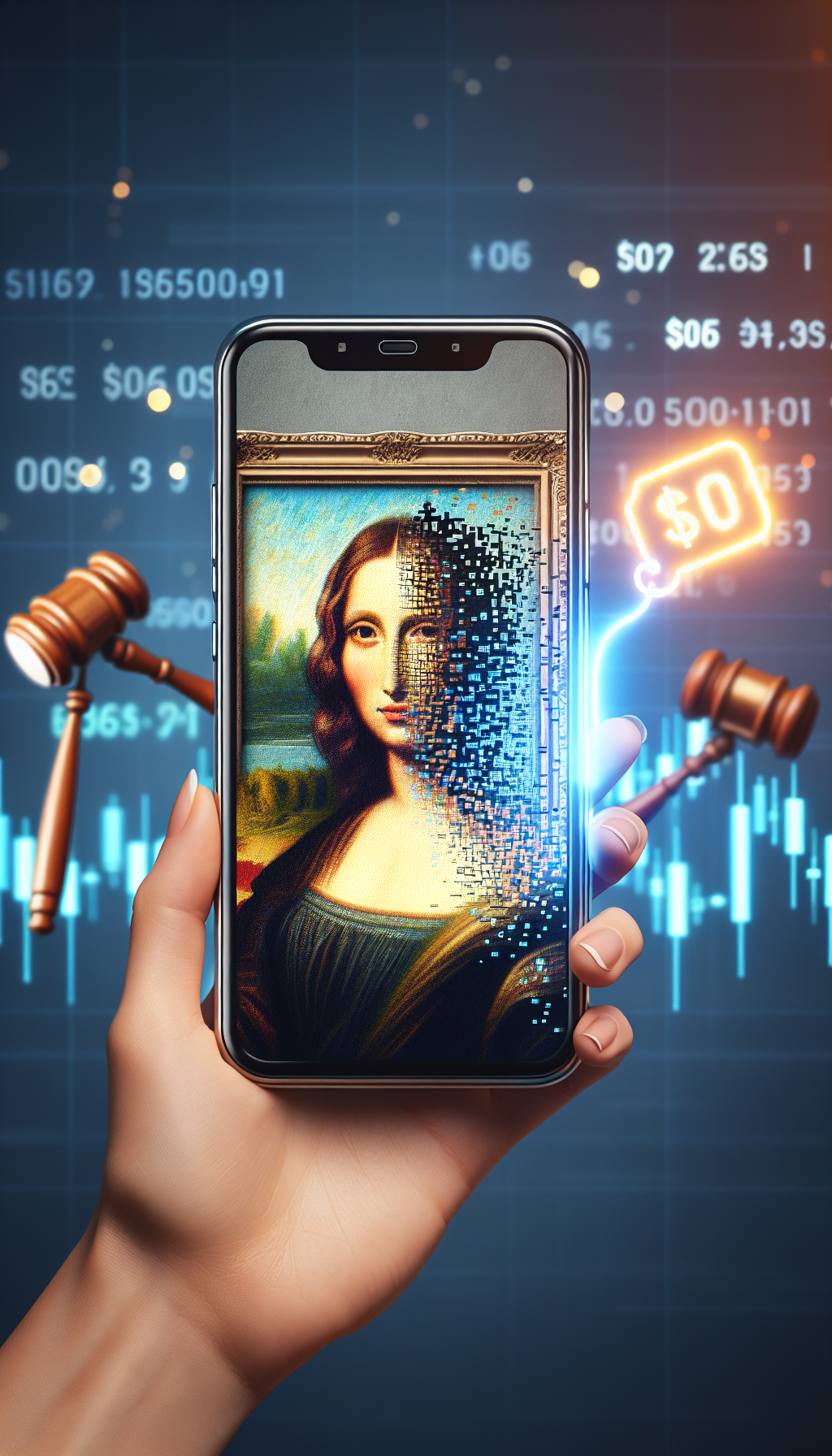 A sleek smartphone screen displays a classic painting, transitioned halfway across into pixelated digital art, with a bright, glowing tag marked ‘$0’ hanging off the frame. This encapsulates the merging of art and technology in valuation while emphasizing the free appraisal service. The background casts a soft bokeh of auction gavels and stock graphs, blending the art investment theme subtly.