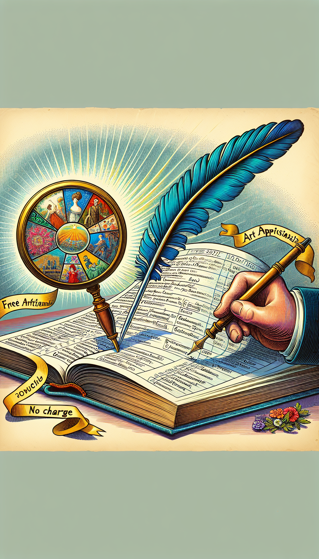 An illustration of a whimsical, oversized quill pen inscribing detailed information into a giant open ledger, with a magnifying glass hovering above that reflects a vibrant tapestry of artwork. A ribbon banner emblazoned with "Free Art Appraisal" curves around the scene, suggesting no cost for this valuable service. The styles within the magnifying glass shift from impressionist to cubist, highlighting diverse art forms being chronic.