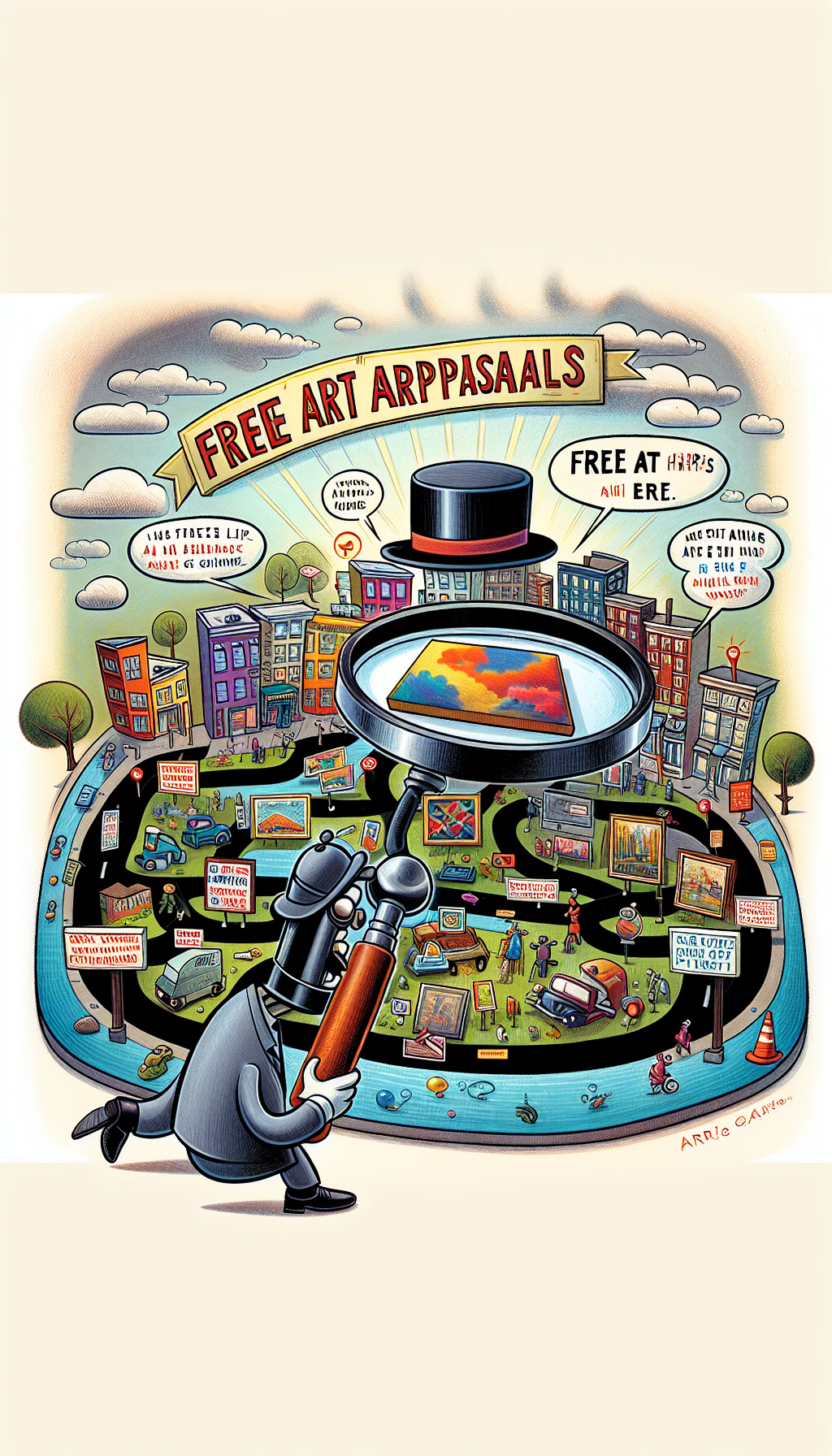 A whimsical caricature map pinpoints various art-related icons around a bustling town while a charismatic magnifying glass sporting a detective hat peers closely at a bright, price-tagged painting. Above, a speech bubble declares “Free Art Appraisals Here!” with a trail leading to inviting, open doors of local galleries, each with a unique façade representing diverse art styles.