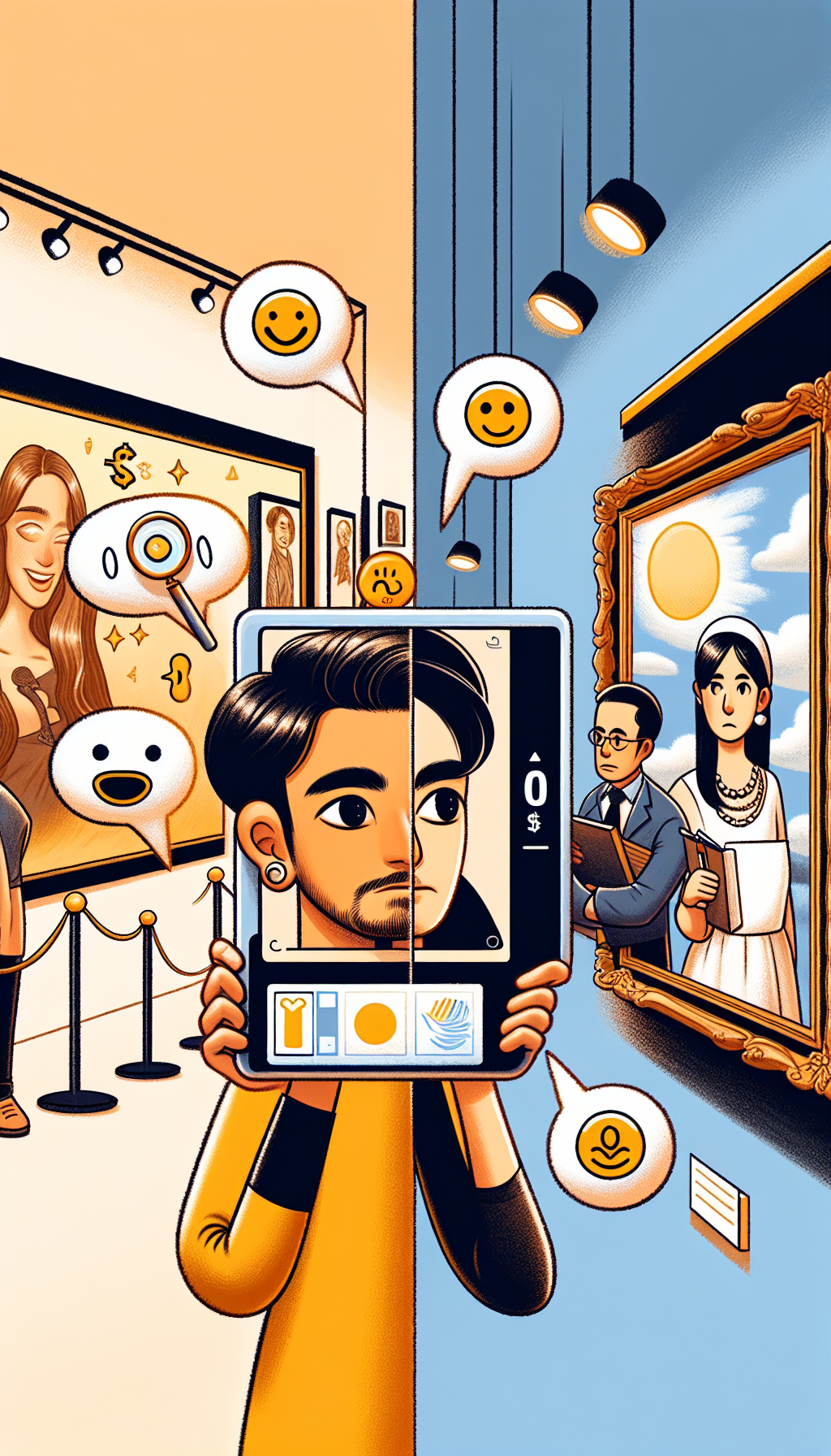 An illustration split down the middle, with one half depicting an artist holding a digital tablet showcasing their artwork with smiley and sad emoticon bubbles floating above, symbolizing pros and cons. The other half shows an artist in a gallery with a curator examining a painting, emoticon bubbles similarly floating. A magnifying glass with a "0$" sign sits atop a map pin, uniting both scenes.
