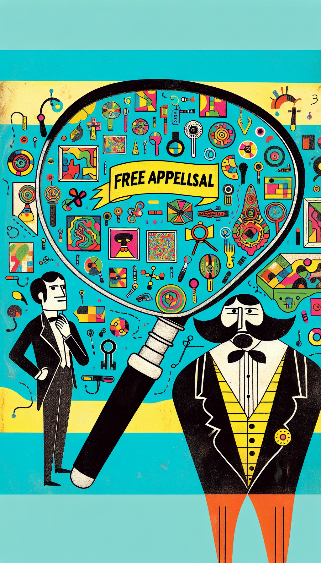 A whimsical collage-style illustration of a magnifying glass peering over a colorful map dotted with abstract art symbols, pinpointing locations with a "Free Appraisal" banner waving. A side caricature of an art appraiser examines a painting with a thoughtful expression, hinting at the analytical process behind valuations.