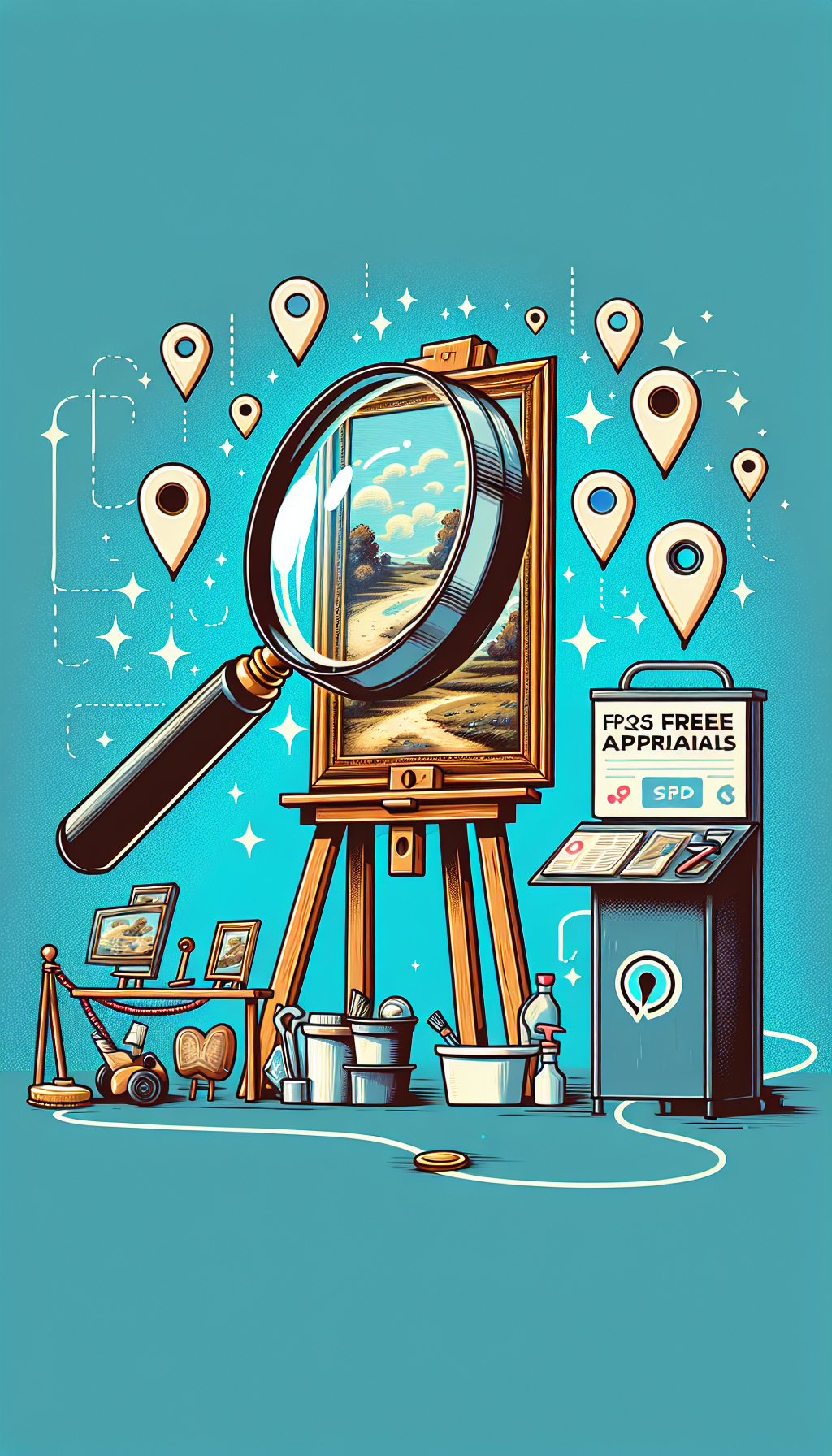 An illustration shows a magnifying glass hovering over a classic canvas on an easel, with cartoonish sparkle and cleaning tools nearby, hinting at preparations for examination. GPS pins float above, forming a trail to the 'Free Appraisals' booth in the background, with a line of diverse artworks awaiting their turn, encapsulating the journey of finding local appraisal services.
