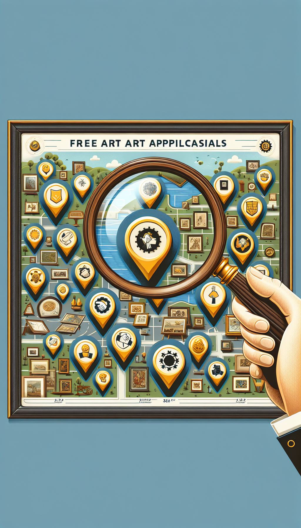 An illustration depicting a magnifying glass revealing various 'certification badges' on a map filled with art pieces, where each badge location offers 'Free Art Appraisals'. The map is situated in a friendly, local neighborhood setting, subtly reinforcing trust and credibility with golden shield symbols and handshakes integrating into the scenery. Each style shift represents a distinct appraisal specialty.