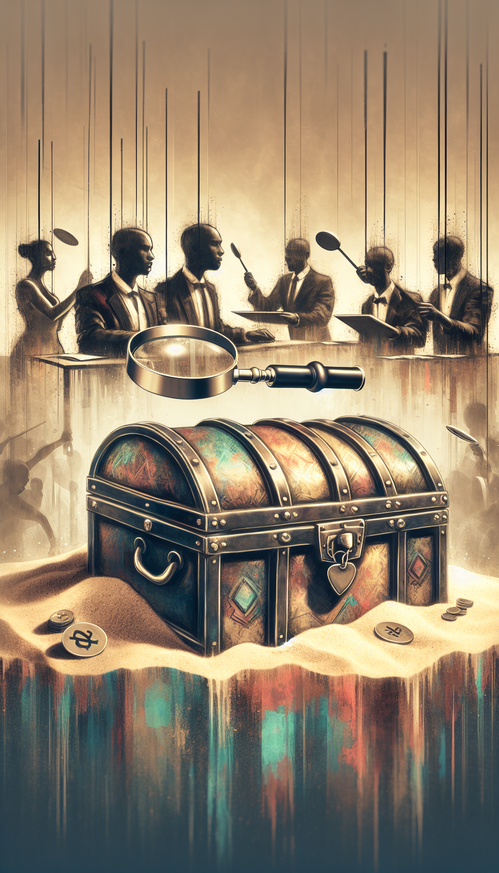 A vintage, ornate treasure chest rests half-buried in sand, its lid ajar, revealing glints of gold, rare coins, and antique jewelry. A magnifying glass hovers over, highlighting a price tag on a timeless piece, while in the background, shadowy figures of auctioneers raise paddles. The illustration's style transitions from sepia-toned realism near the chest to abstract, colorful expressions of excitement and value around the bidders.