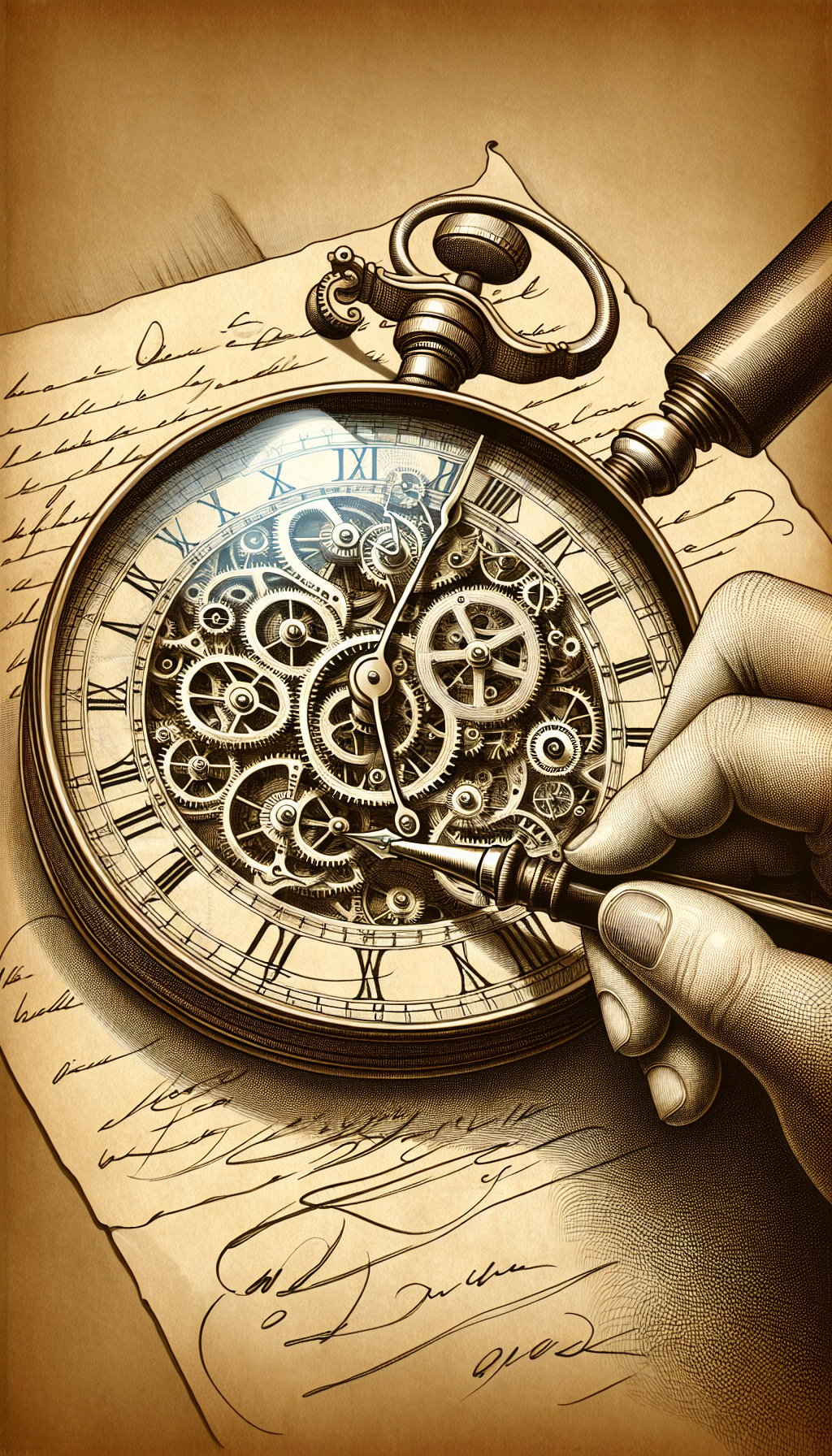 An illustration of an ornate antique clock, its face transparent revealing its intricate gears, each gear engraved with unique, distinctive maker's marks. The clock's hands forge a pen that signs a parchment scroll emblematic of a signature. A magnifying glass looms above, highlighting the artistry of the etched symbols, emphasizing the theme of identification and authentication.