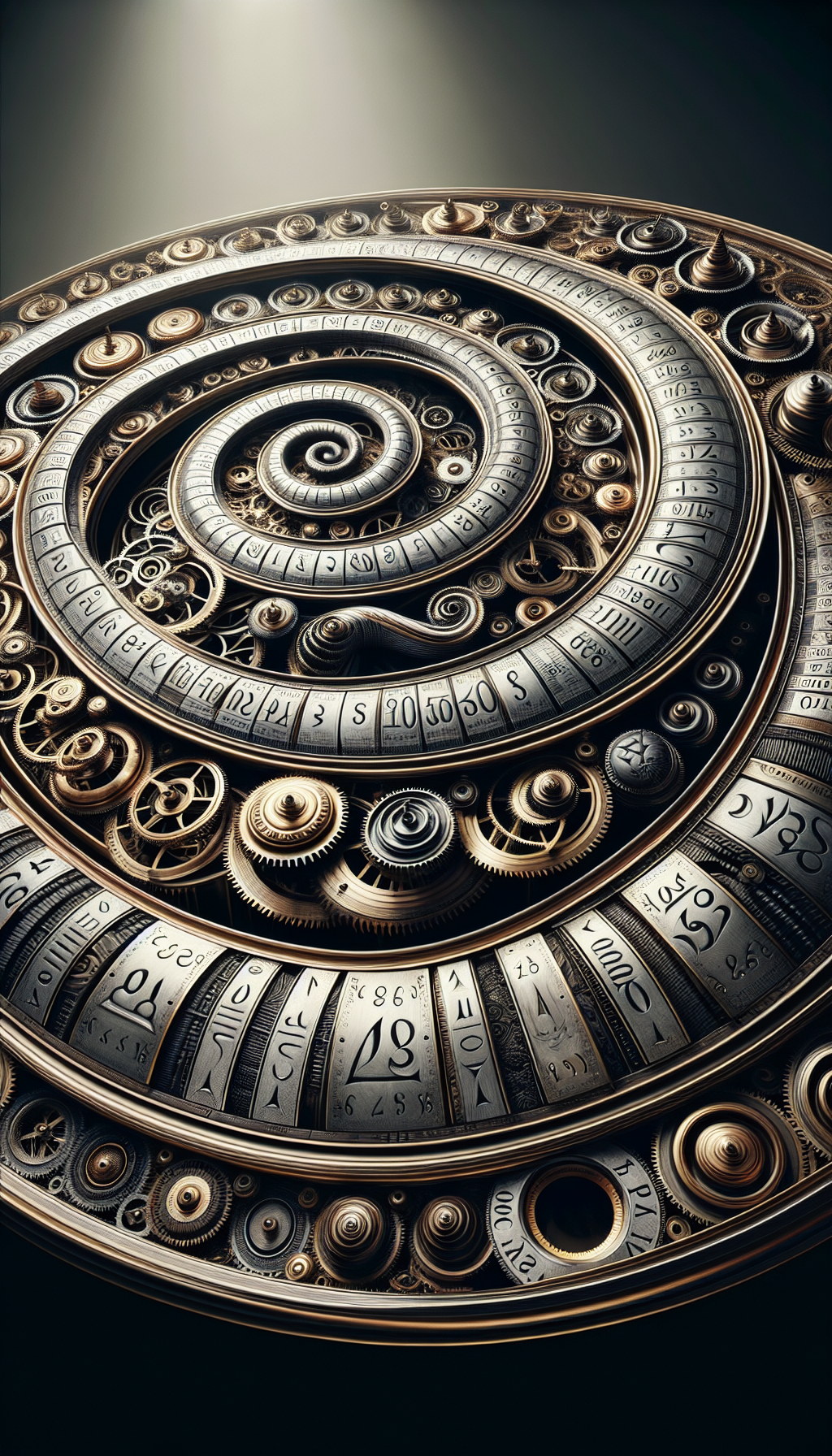 An intricately detailed antique clock unravels its gears to form a timeline. Along its spiral, iconic clockmakers' marks are etched, leading viewers on a visual journey through history. Each mark is styled distinctively to indicate its era and origin, symbolizing the rich tapestry of antique clock craftsmanship and the enduring legacy of their creators' unique identifiers.