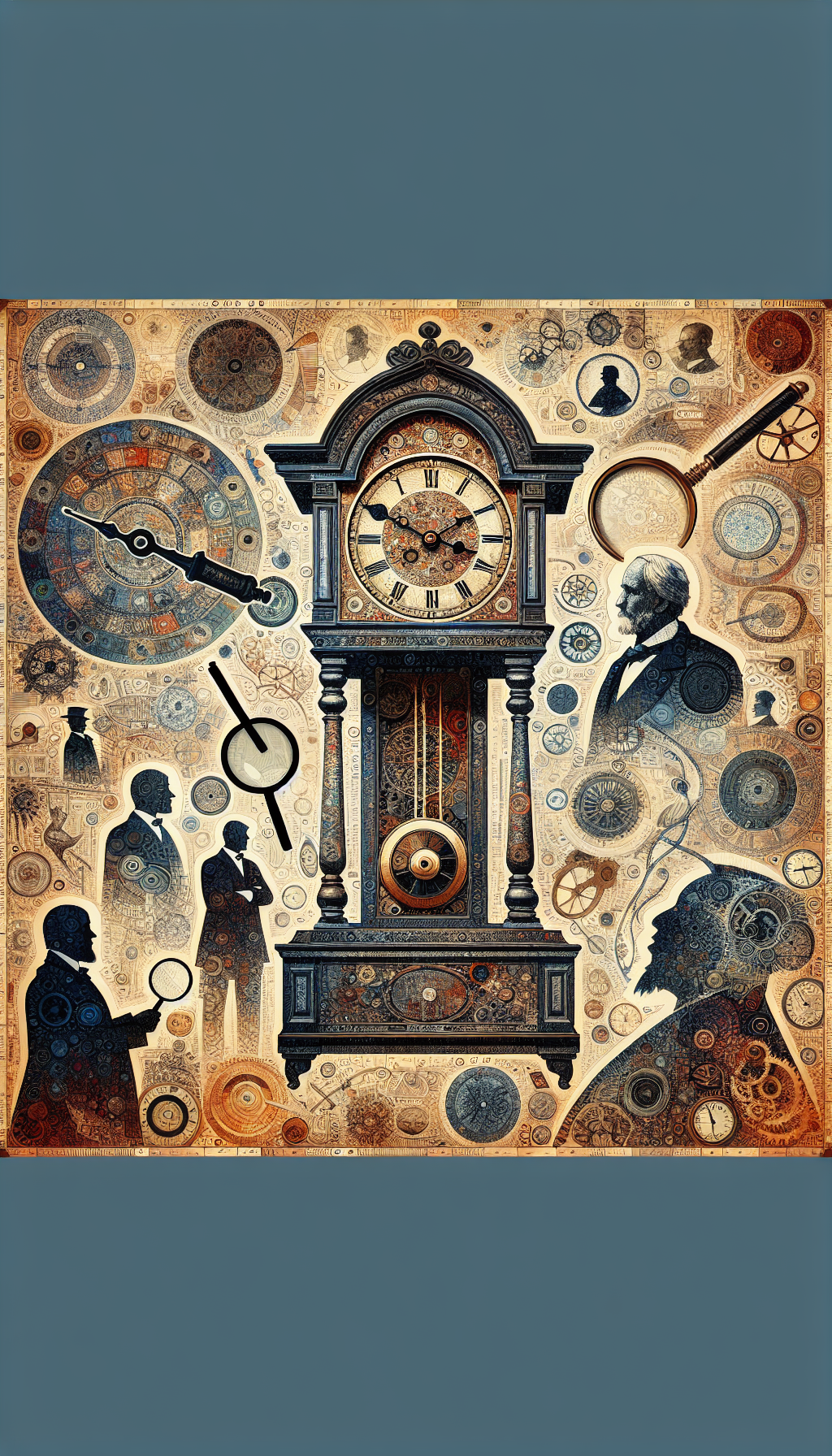 A whimsical collage features an ornate grandfather clock, its pendulum swinging into a tapestry of historical etchings and hallmarks. Among these marks, shadowy figures of clock artisans are partially revealed, reminiscent of their mysterious legacies, as magnifying glasses hover over the scene, signifying the detective work in identifying these age-old signatures. Styles vary from realistic to abstract within this historical mosaic.