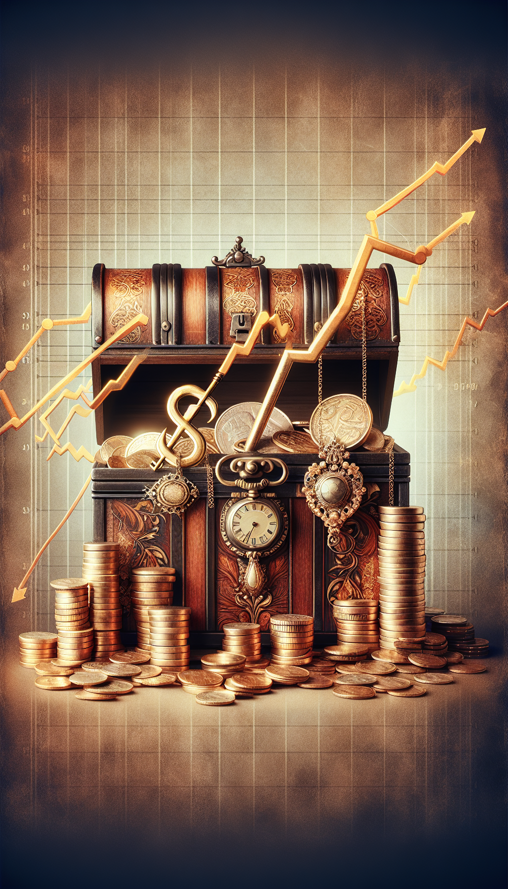 A vintage wooden treasure chest overflows with coins, antique jewelry, and classic timepieces, atop a soaring stock graph. The key hanging from the chest's lock morphs into an elegant dollar sign, symbolizing the merging of historical charm with financial gain. Gold and sepia tones highlight the antiquity and value, with a fine patina texture subtly applied for an aged look.