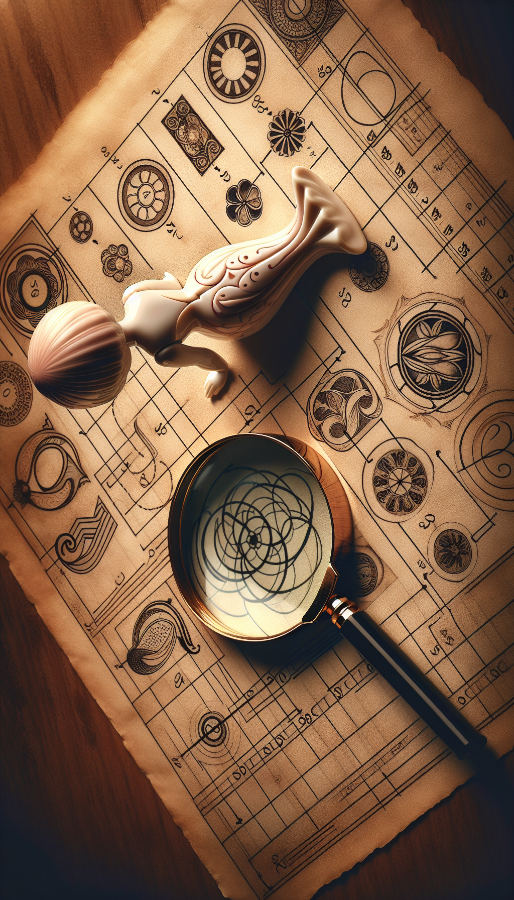 An illustration depicts a magnifying glass poised over a classic porcelain doll lying on an antique parchment covered in sketched date markings. Through the lens, numbers on the doll's nape are magnified, with style variations ranging from elegant Art Nouveau digits to bold Art Deco lines, symbolizing a timeline of historical design, suggesting the process of identifying and dating the doll via its unique markings.
