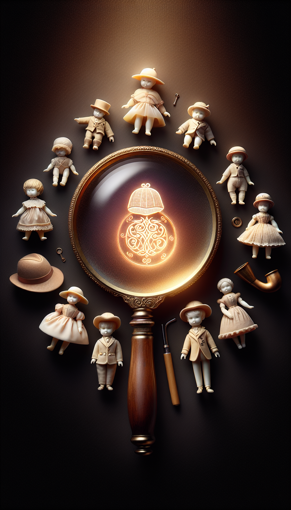 An intricately detailed magnifying glass centers the illustration, framed by a variety of antique dolls each with a distinct, stylized maker's mark glowing subtly at their bases. The magnifying lens, etched with a Sherlock Holmes-style cap and pipe, reveals a close-up of a doll's porcelain neck where tiny, elegant initials — the key to its craft heritage — are inscribed.