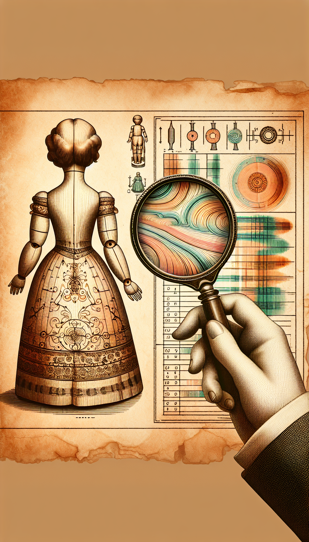 A gently aged sepia-toned illustration depicts a magnifying glass held over the back of an antique doll, revealing a tapestry of delicate cracks and maker's marks. Through the lens, the markings become vibrant, color-coded lines leading to a legend on the side, deciphering the doll's history and provenance, symbolizing the fusion of past mysteries with present-day collection wisdom.