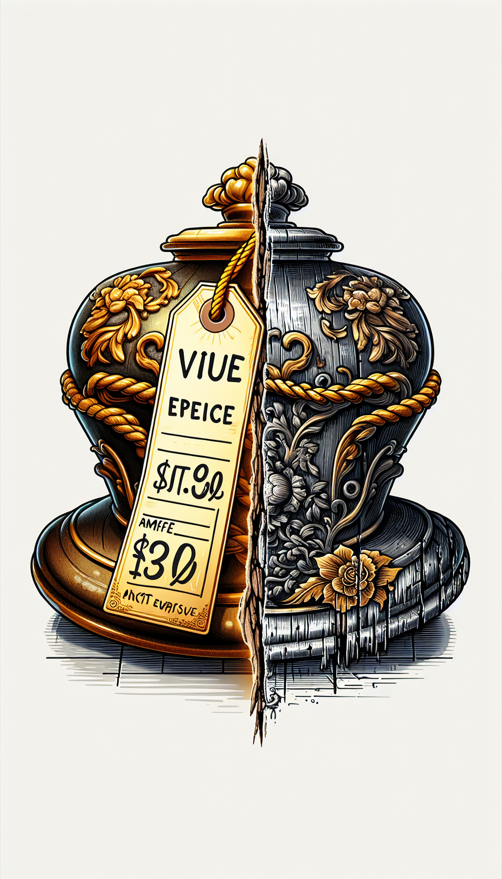 A split illustration embodies an antique with one half meticulously restored, gleaming and valuable, juxtaposed against the other half neglected and dilapidated, losing value. Elegant vintage-style value tags dangle from each side, the restored side's tag marked with a high value in ornate script, while the ruined side's tag is faded with a measly sum, symbolizing value's reliance on condition.