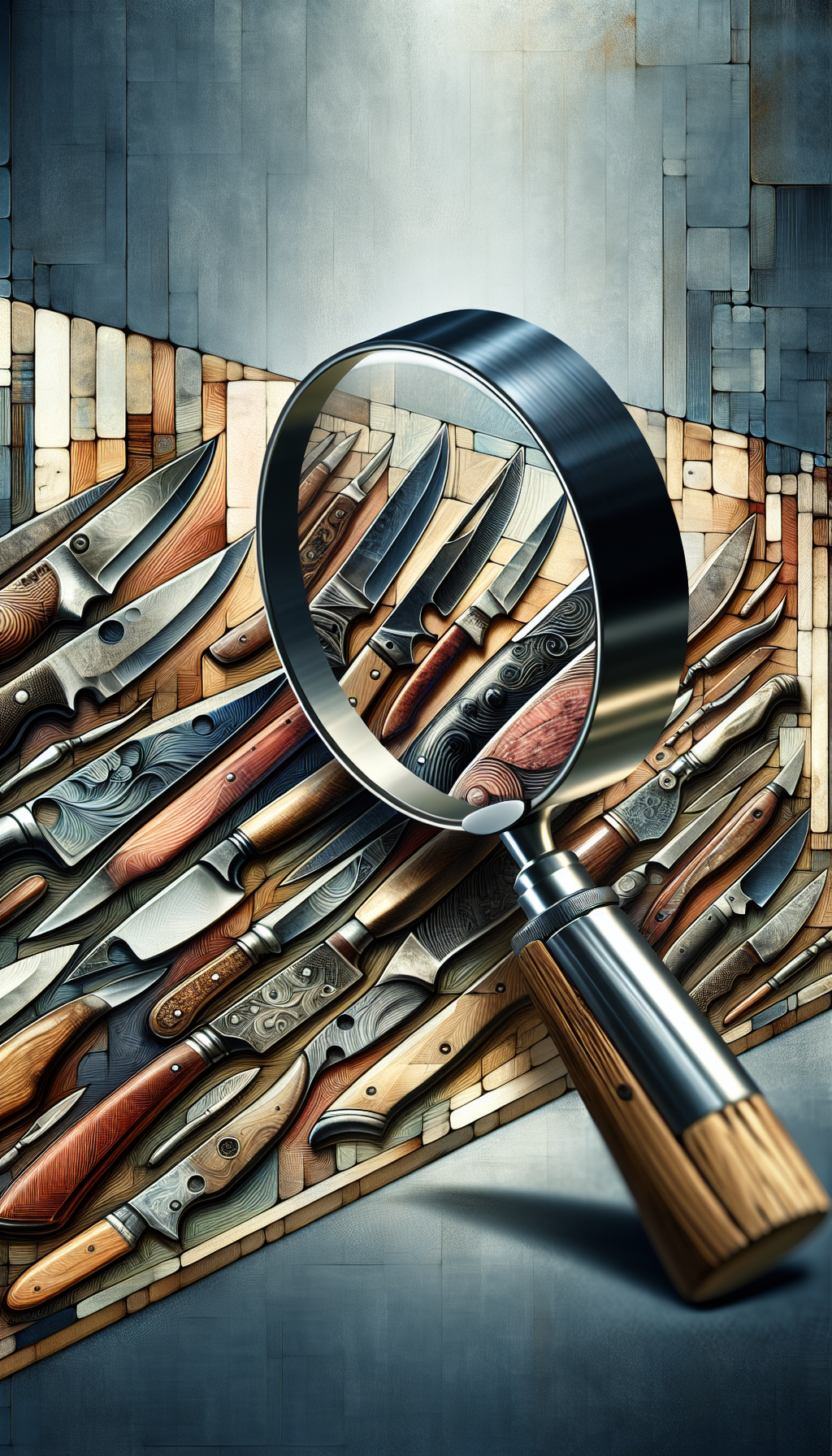 A magnifying glass hovers over an intricate array of antique knives, each blade etched with the distinct hallmark of its creator. The magnifying lens, a window revealing the fine details of craftsmanship, contrasts with a stylized, semi-abstract background where the textures of wood, leather, and metal intertwine, symbolizing the hands-on artistry and historical depth of knife-making traditions.