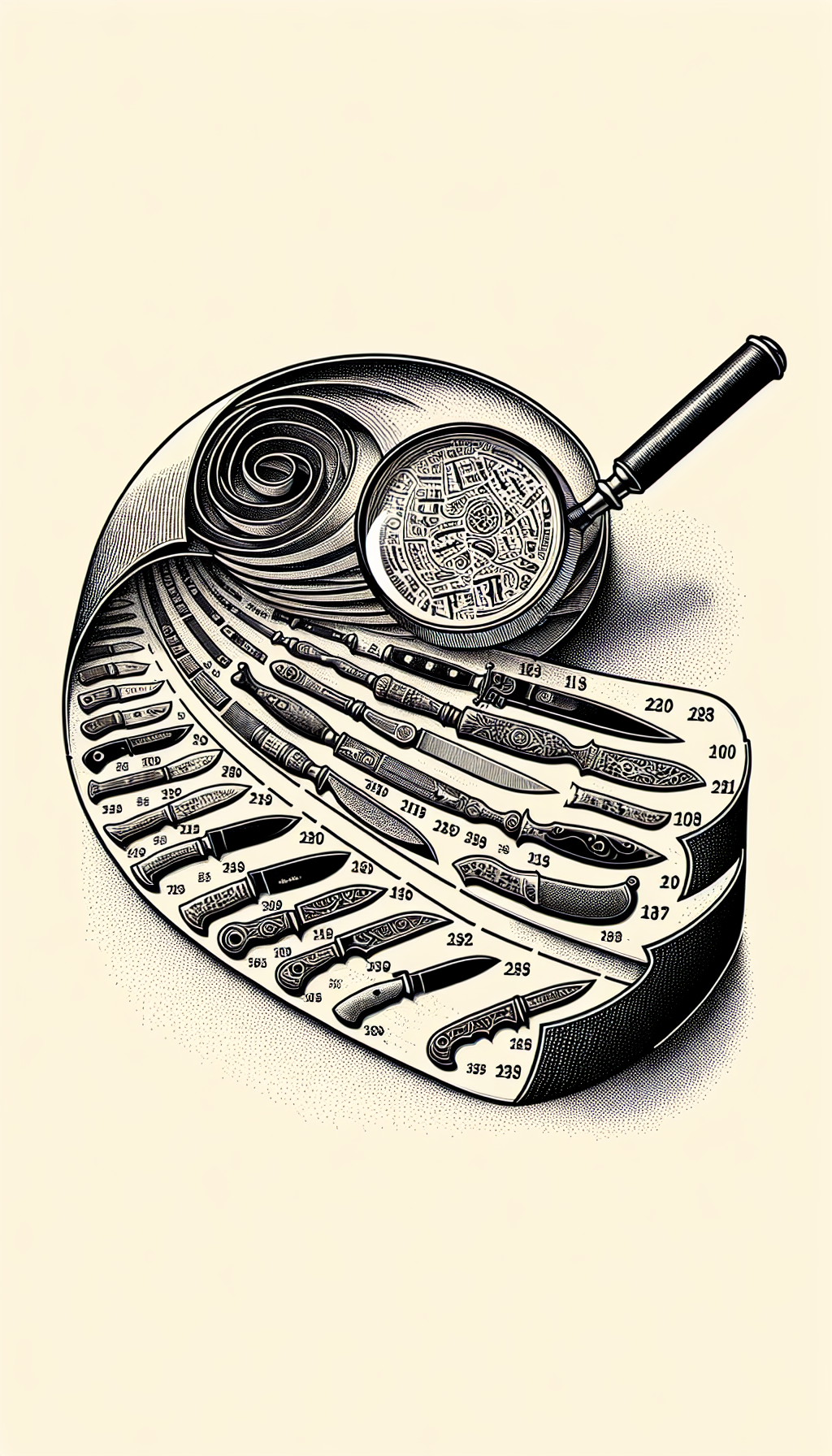 An eclectic illustration depicts a magnifying glass peering over a timeline ribbon that unfurls like a scroll, with prominent dates and stylized knives positioned at respective historical points. Each knife bears unique maker's marks, transitioning from basic etchings to intricate logos—hinting at the art of dating knives through these identifying symbols etched into their blades.
