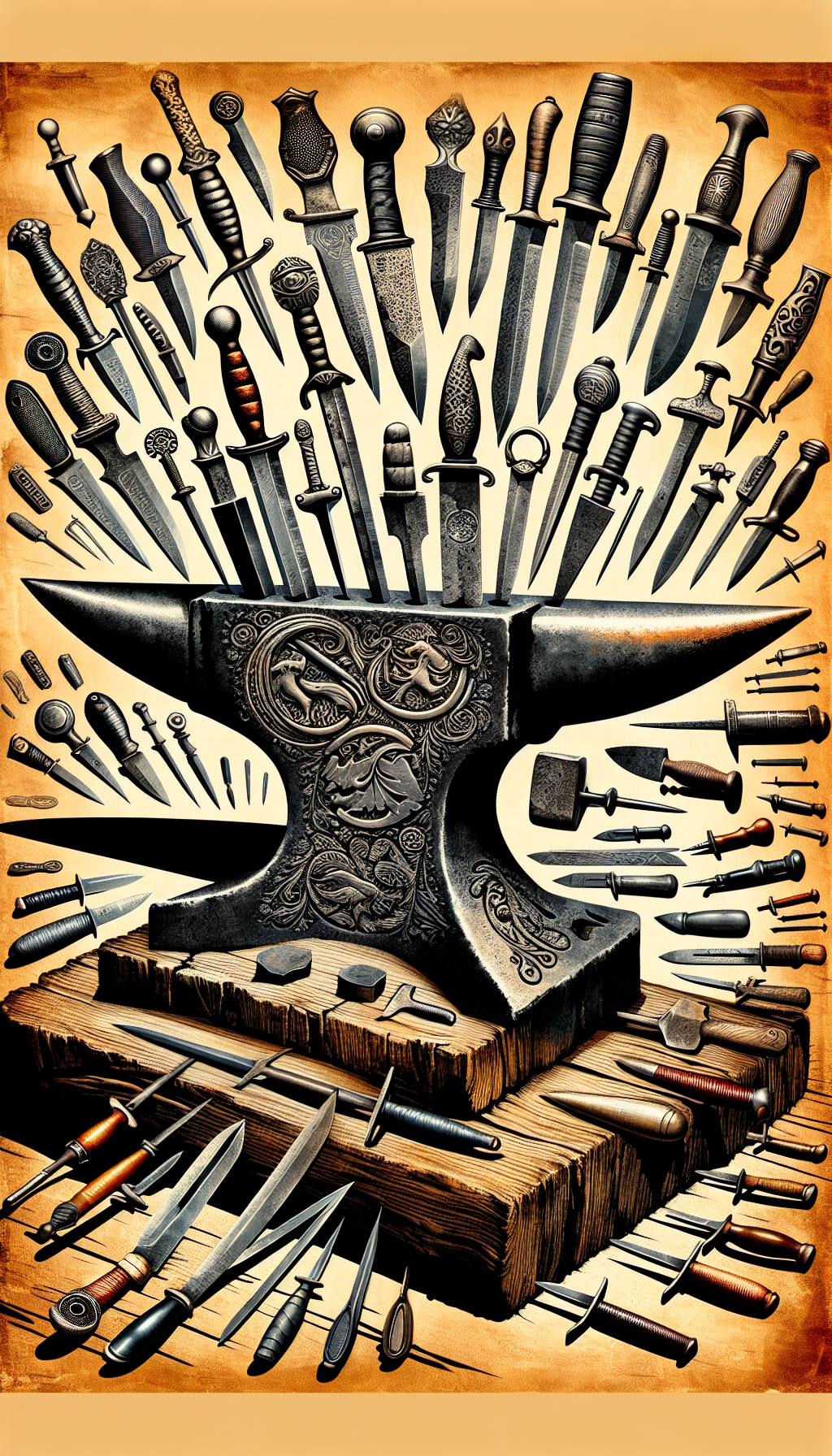 A vivid tableau depicts an anvil bearing the marks of legendary knife makers, with their iconic blades embedded into the metal as if a timeline of craftsmanship. Each blade features a magnified insignia, illustrating the unique stamp used for identification. Their shadows cast a mosaic of antique marks onto a historical backdrop, blending styles from intricate etchings to bold woodcut visuals.