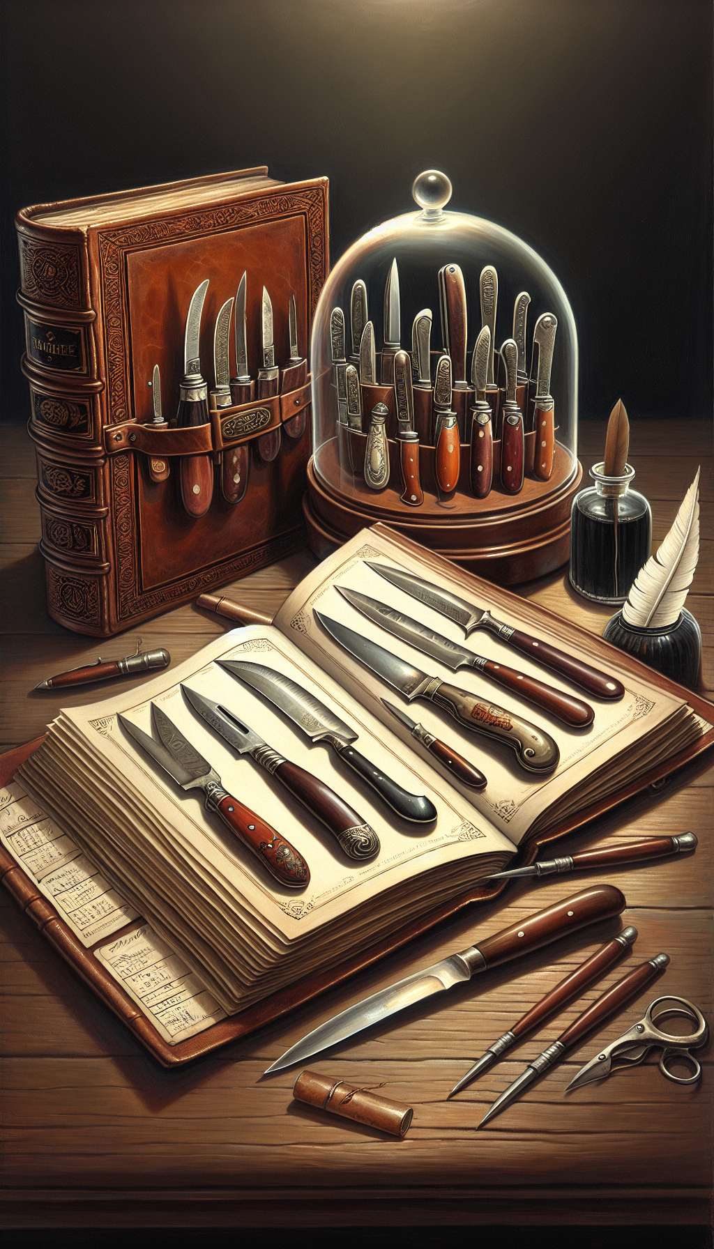 An illustration displaying an open, antique leather-bound book with magnified, glowing pages illustrating various vintage knife maker marks. Alongside, a pristine knife collection rests under a transparent protective dome, with labeled tabs indicating their origins. The dome casts a soft light, symbolizing preservation, while a quill and ink bottle sit ready for documentation, blending steampunk and classical art styles.