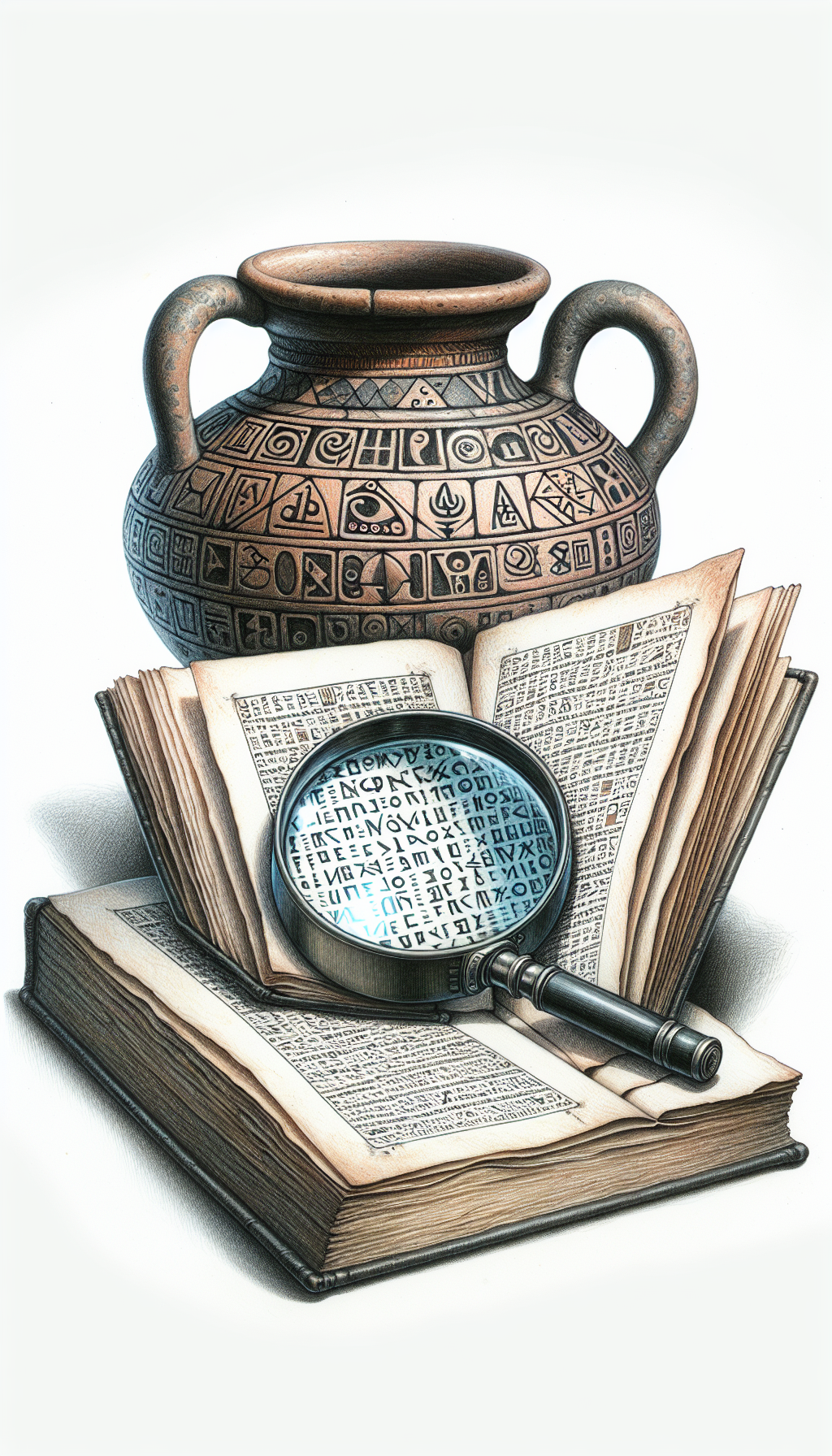 The illustration features an antique stoneware crock adorned with cryptic markings, resting atop an open, ancient book of symbols. A magnifying glass hovers above, revealing the translation of the markings into simple, modern text. The crock is sketched in pencil, exuding age, while the book and magnifying glass boast vibrant watercolor tones, symbolizing the clarity brought to the complex code.