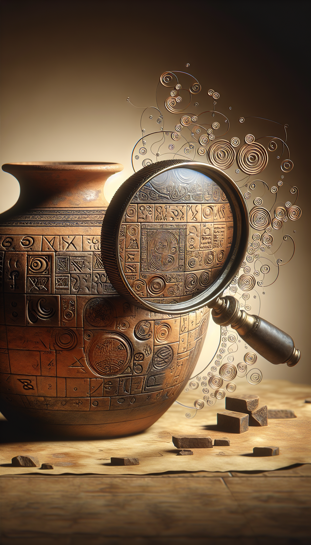 A vintage magnifying glass hovers over an ancient crock, zooming in on the cryptic stamps and symbols etched onto its surface. Beneath the lens, the markings come alive, transforming into a detailed map of intertwining histories and legacies, while swirling calligraphy tags each symbol with its origin and era, visually deciphering the code for identifying antique stoneware crock markings.