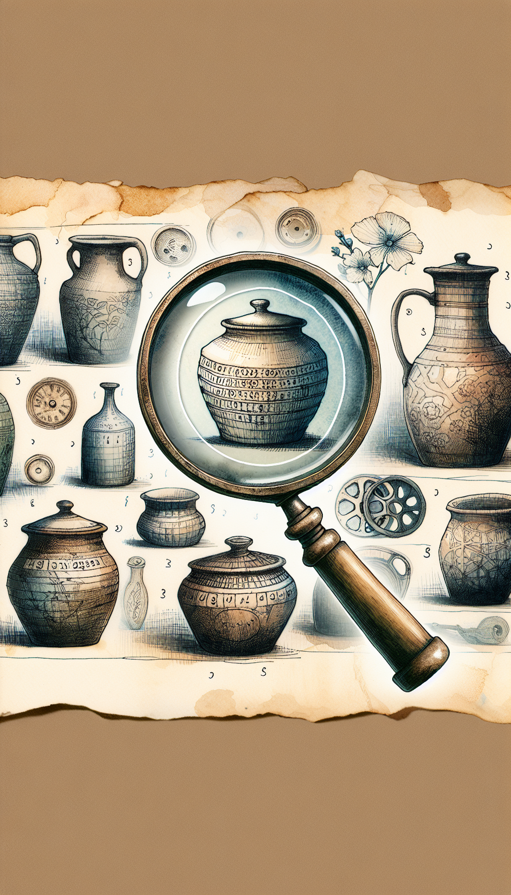 An illustration depicts a whimsical detective magnifying glass hovering over a cluster of assorted antique stoneware crocks, each sporting unique, faded markings. The glass highlights one crock's maker's mark, with ghostly numerical rings encircling it to symbolize age rings, subtly blending in texture styles—from watercolor rusticity to crisp, inked outlines—capturing the essence of timeworn authenticity.