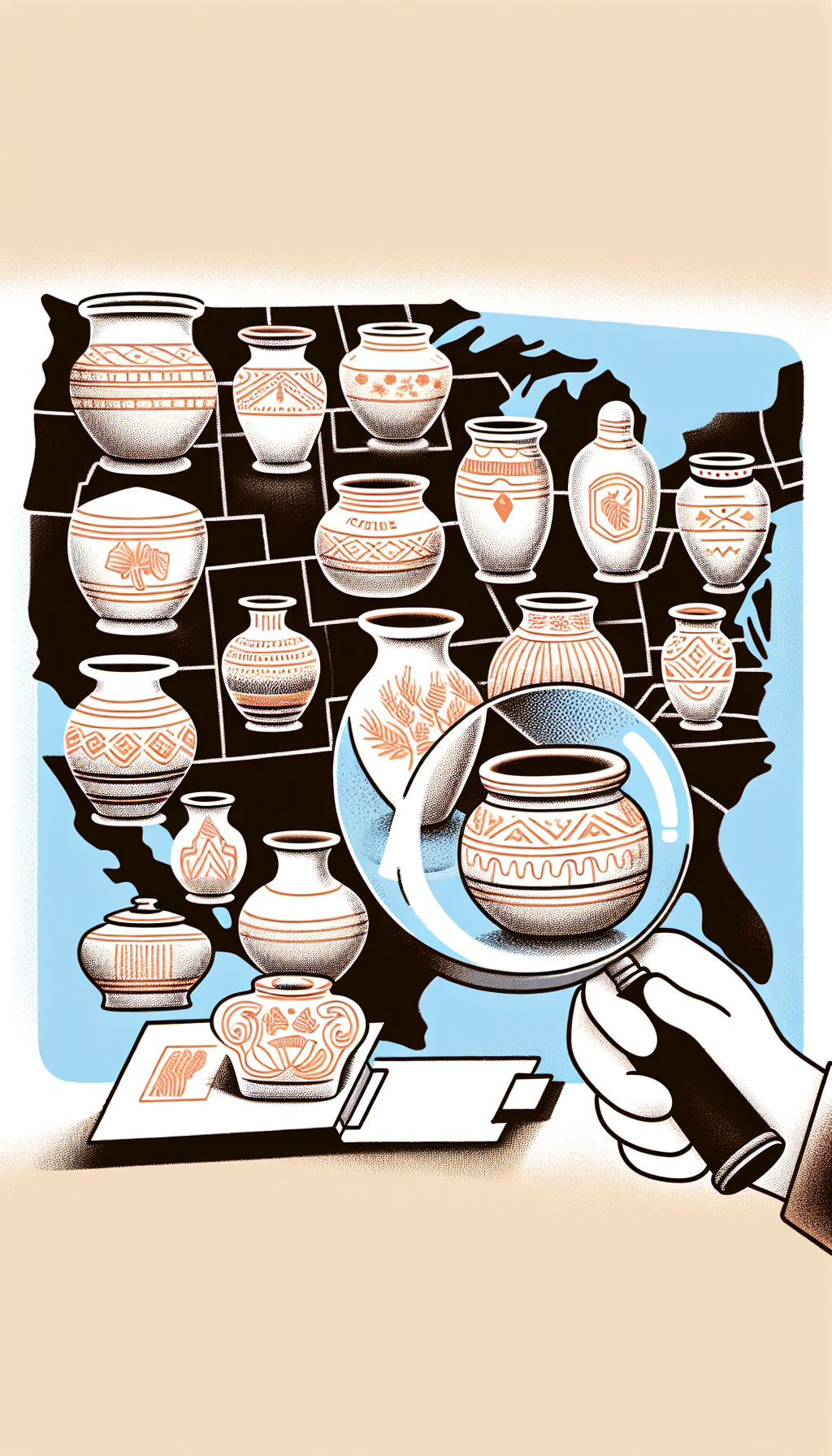An illustration depicting a map with whimsical, semi-transparent outlines of various antique stoneware crocks floating over their regions of origin. Each crock bears distinctive markings and patterns emblematic of local styles, and a magnifying glass hovers over one, highlighting the unique etched insignia that aids in identification, subtly suggesting the detective work involved in tracing stoneware provenance.