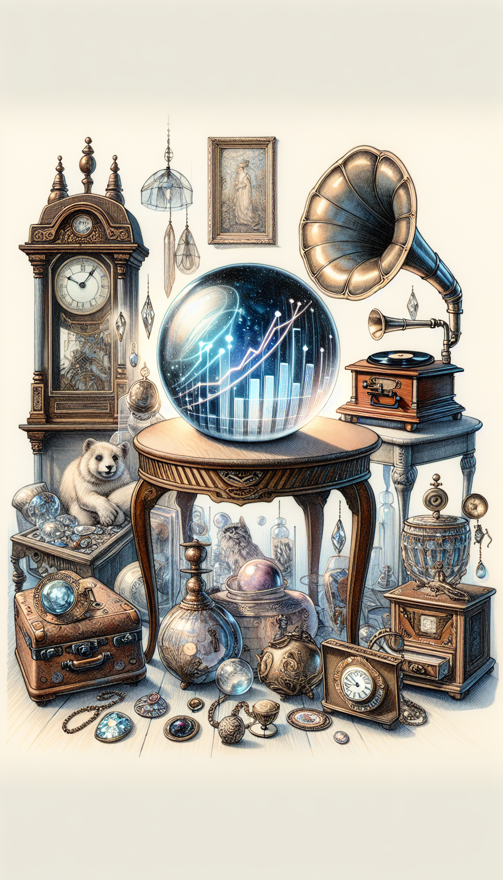 An illustration showcases a crystal ball on an ornate vintage table, surrounded by an array of antiques from different eras: a grandfather clock, a gramophone, a classic painting, and Art Deco jewelry. Reflecting within the ball are ascending graphs and dollar signs suggesting their rising future value. The image combines line art for the antiques and a watercolor effect for the predictive elements inside the crystal ball.