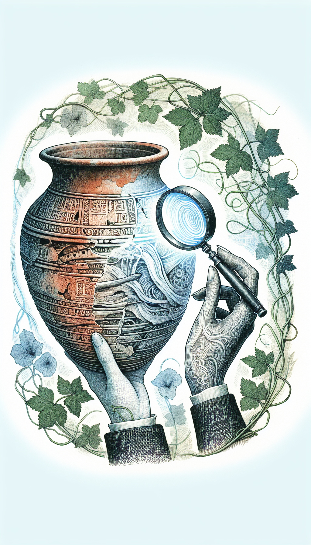An illustration shows an ancient stoneware crock, semi-transparent, revealing layers of historical markings beneath its surface like stratified earth. A magnifying glass, held by a spectral gardener's hand, focuses on the unique inscriptions while delicate vines and leaves entwine the crock. The image seamlessly merges vintage etching and vibrant watercolors, symbolizing the fusion of past craftsmanship with living conservation efforts.