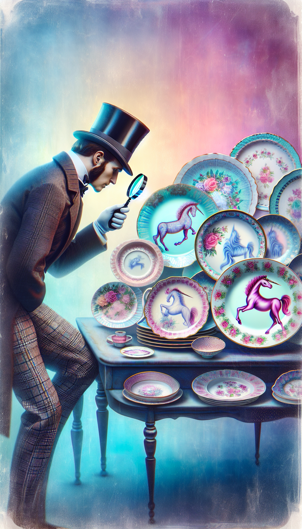 In a whimsical kitchen setting, a vintage-styled detective with a magnifying glass kneels down, scrutinizing a lineup of CorningWare dishes each donning a different pattern. A whimsical, slightly translucent unicorn subtly blended into one of the patterns symbolizes the rare find. The hazy outlines and soft pastel color palette create a dreamy contrast to the sharp focus on the 'unicorn' dish.