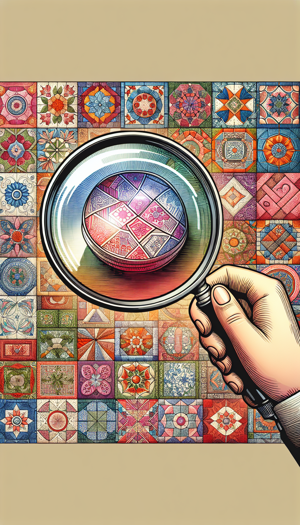 An illustration showcasing a magnifying glass poised over a vibrant patchwork of CorningWare designs, highlighting the corner of a rare motif, with the detail under magnification transitioning to a glittery outline indicating its scarcity. A subtle numbering system floats beside each pattern, suggesting a guide to rarity, as various image styles - from watercolor to line art - blend across the patchwork.